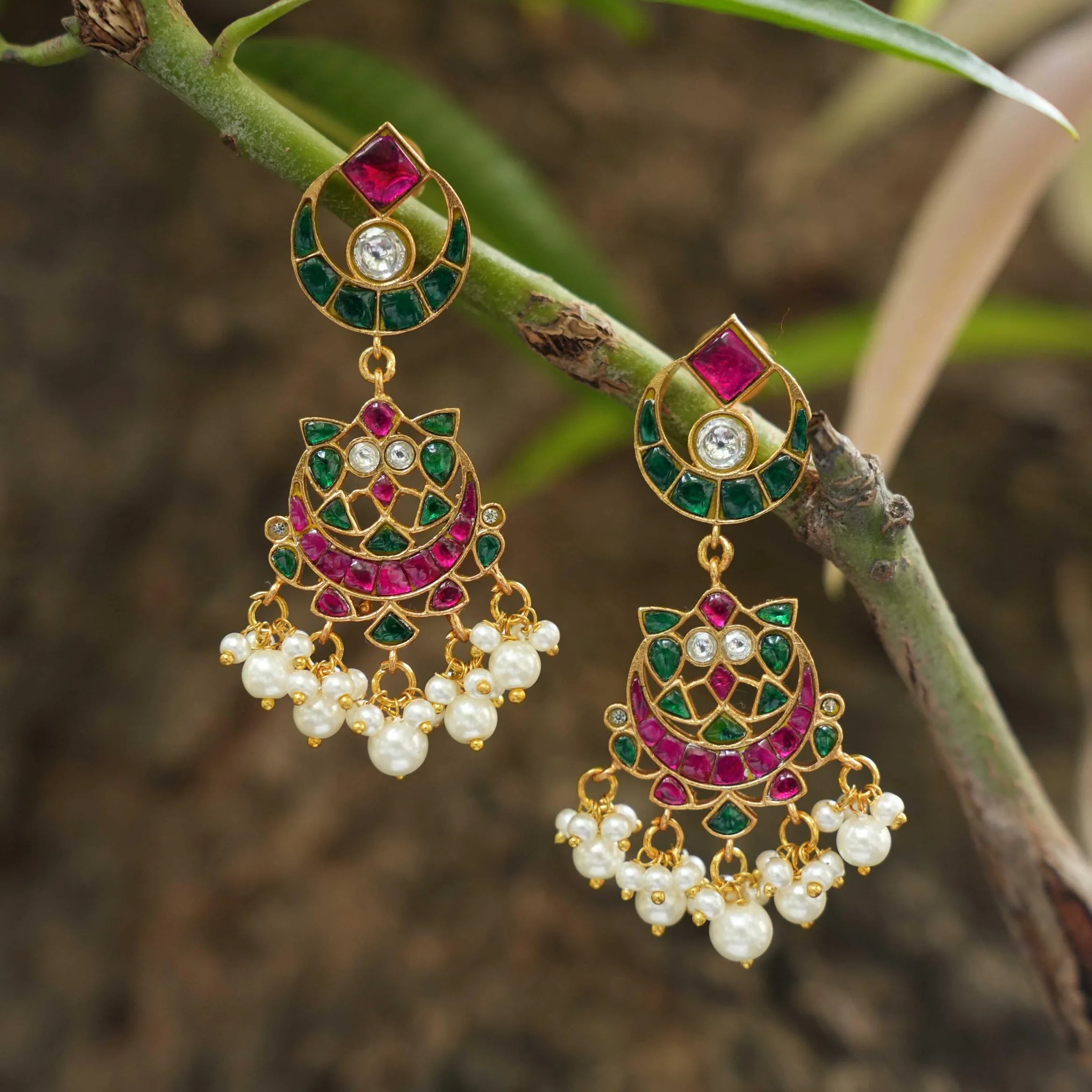 Padma Polki Chandbali Earrings - Pearl