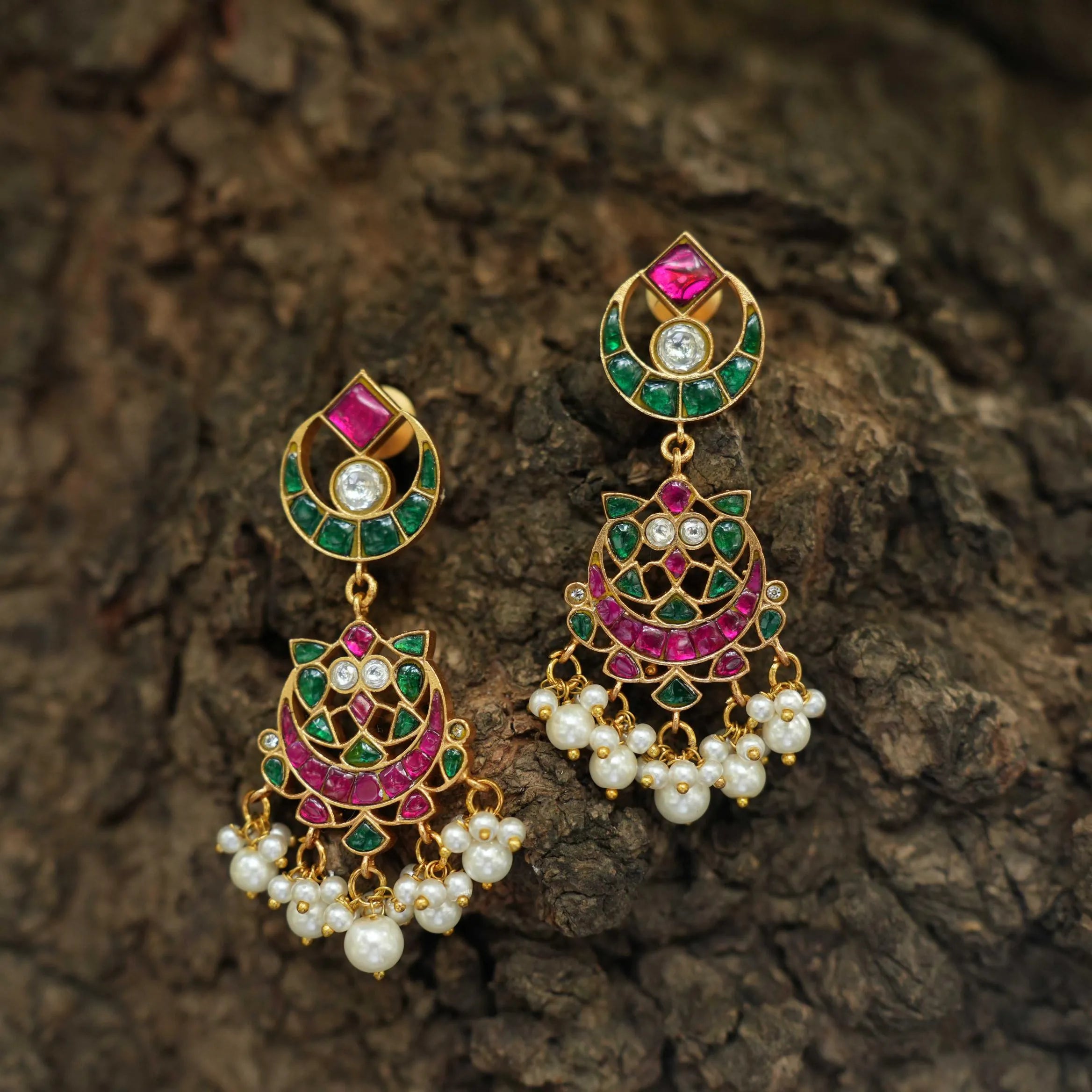 Padma Polki Chandbali Earrings - Pearl