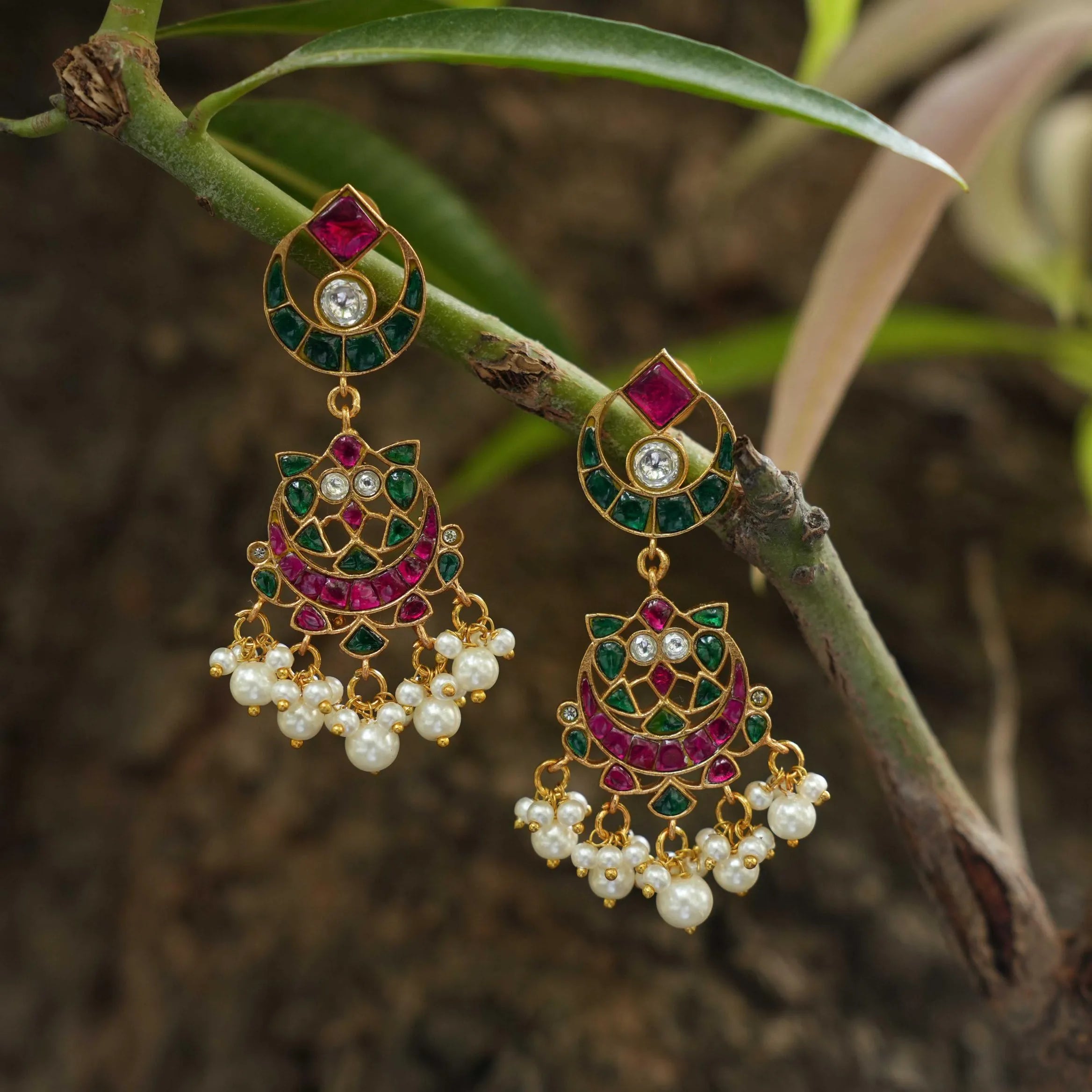 Padma Polki Chandbali Earrings - Pearl