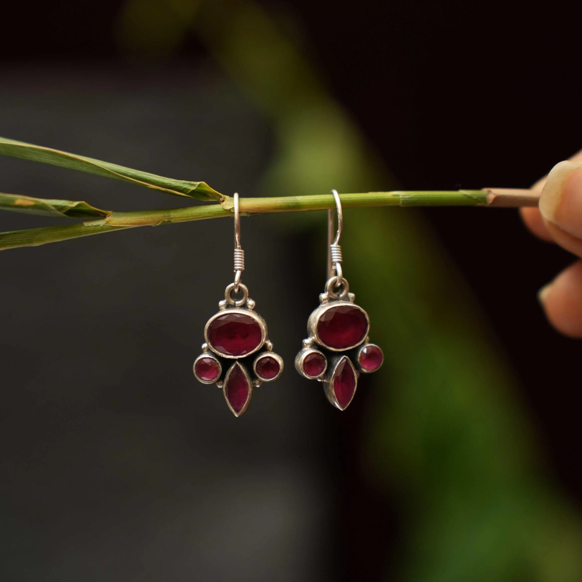 Pamini Silver Oxidised Earrings - Red