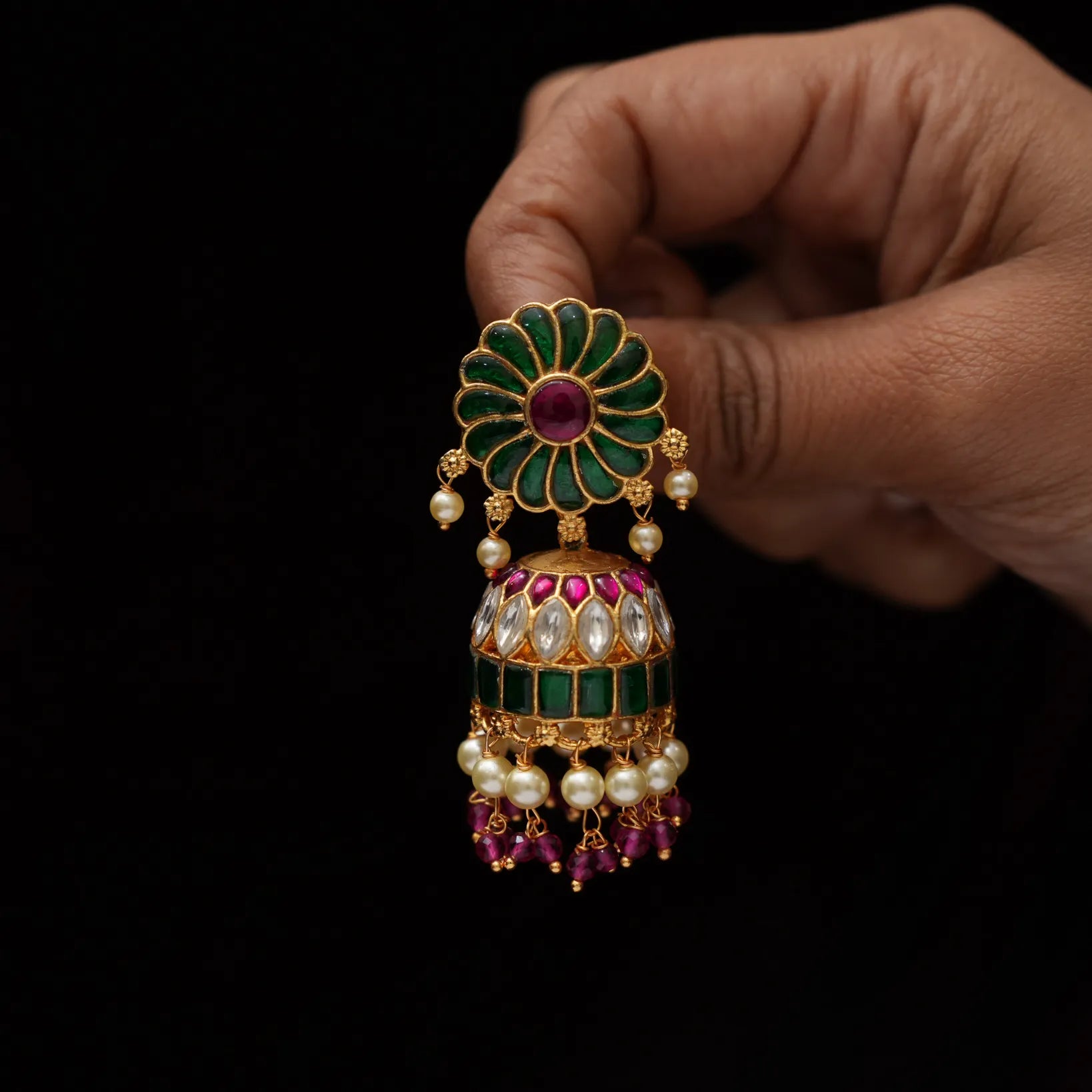 Panthini Polki Jhumka Earrings - Green