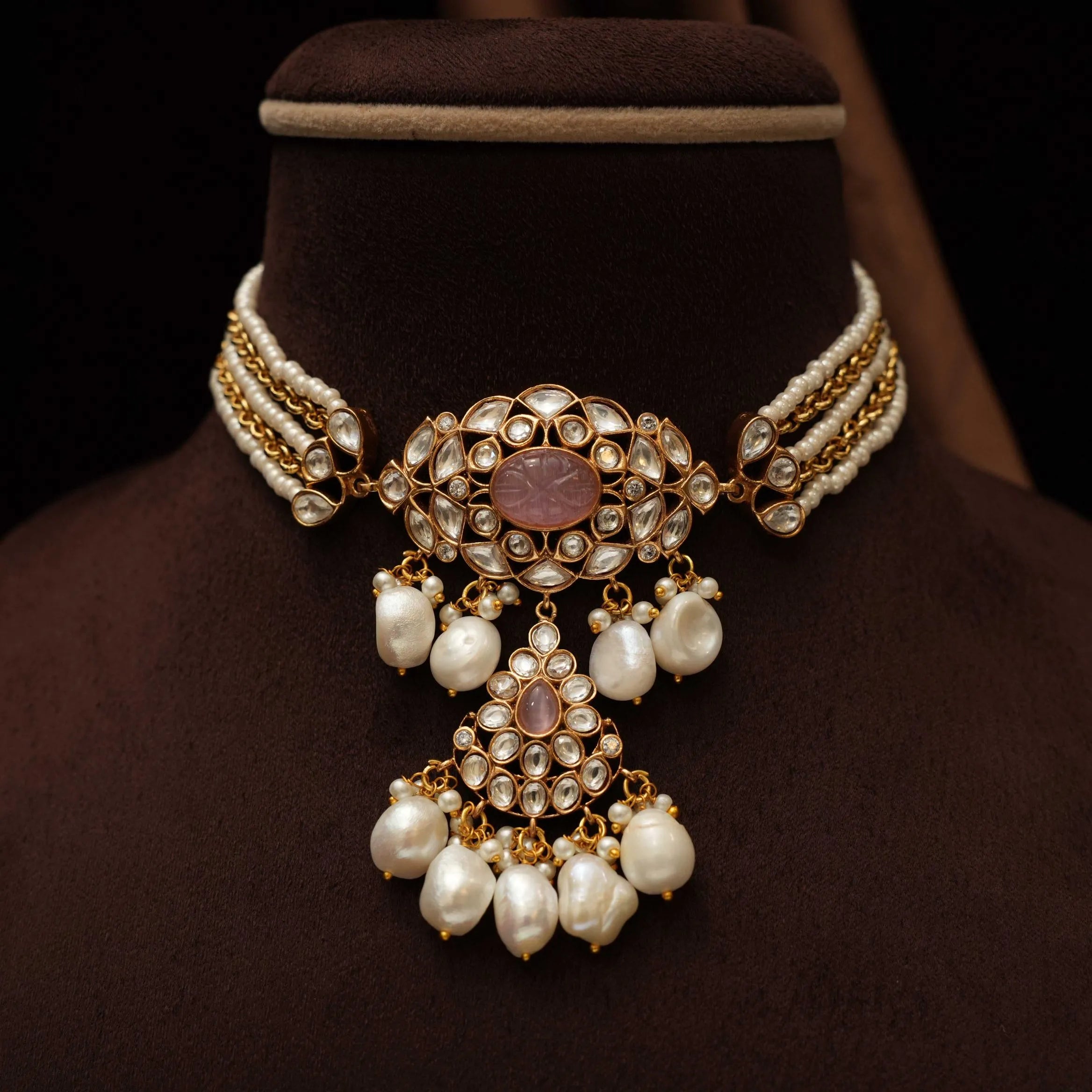 Prachi Pearl Polki Choker - Pastel Pink