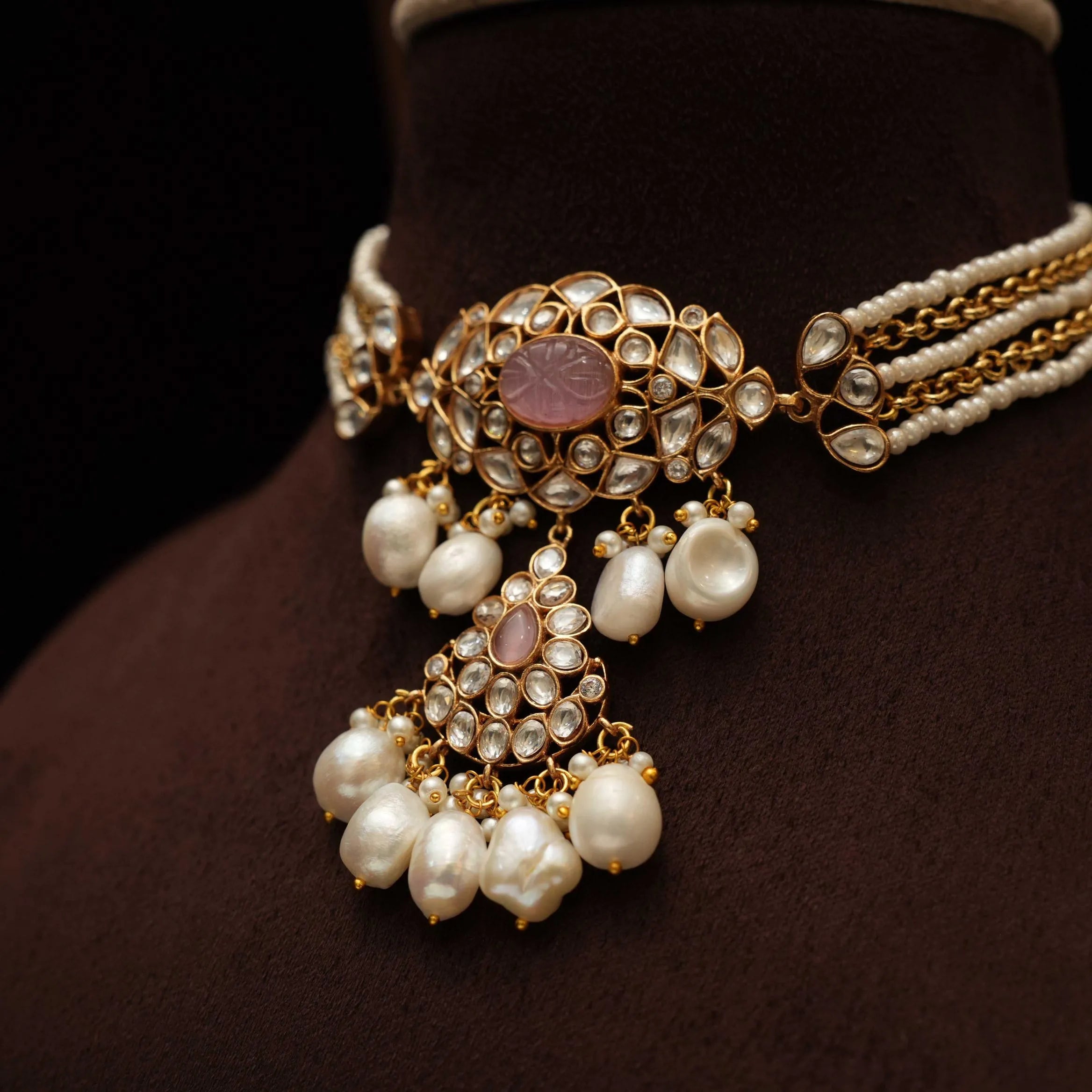 Prachi Pearl Polki Choker - Pastel Pink