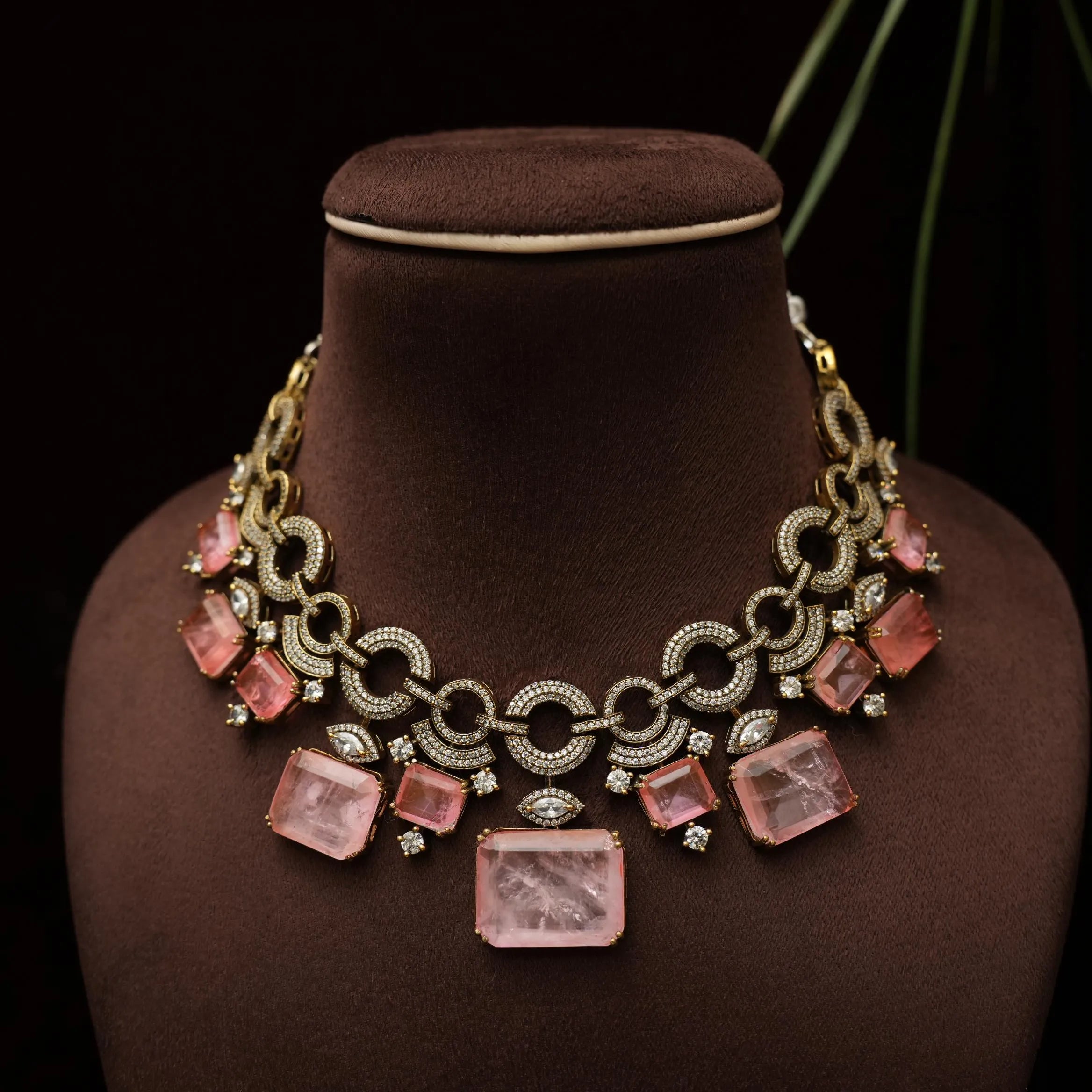 Prakriti Designer Zircon Necklace - Pastel Pink