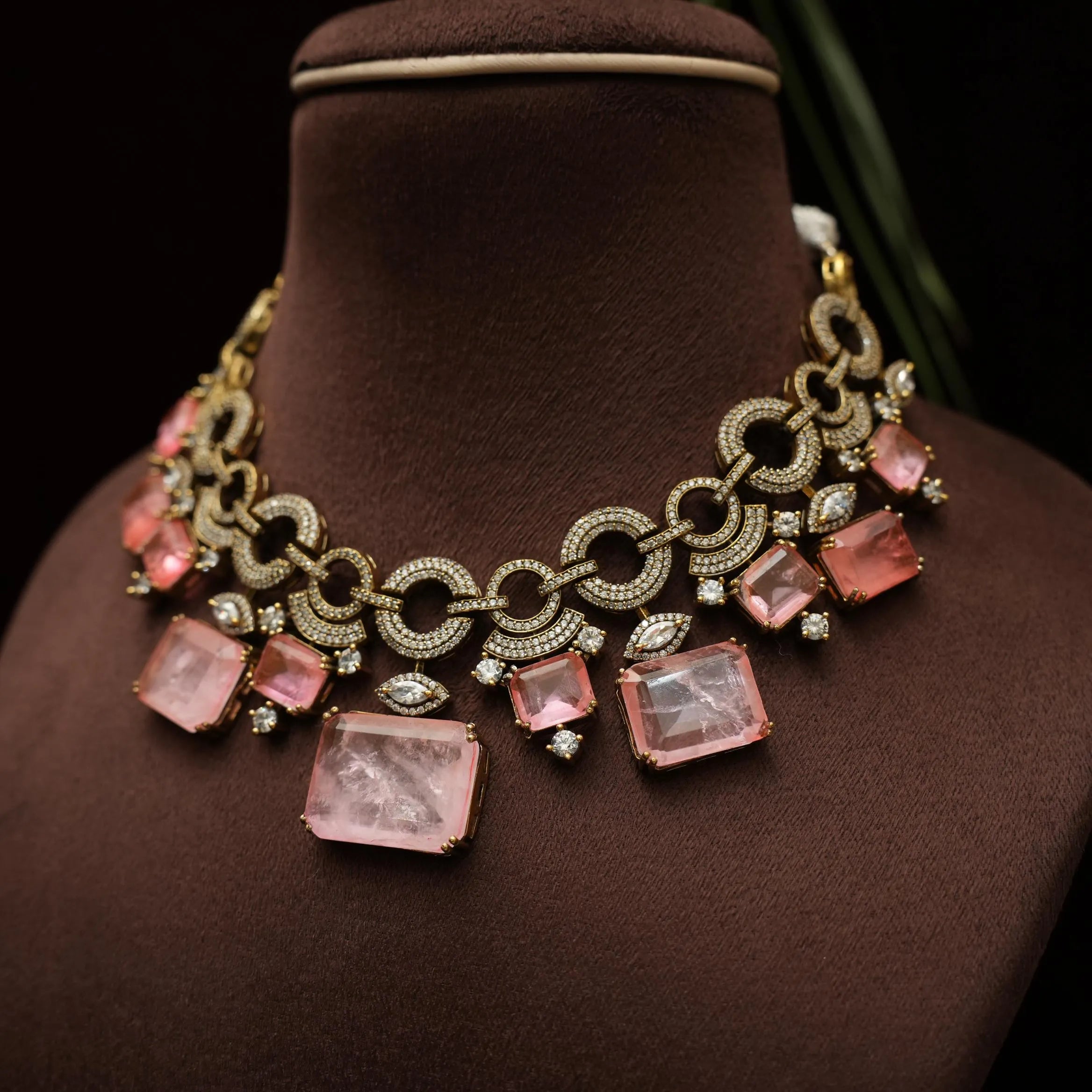 Prakriti Designer Zircon Necklace - Pastel Pink