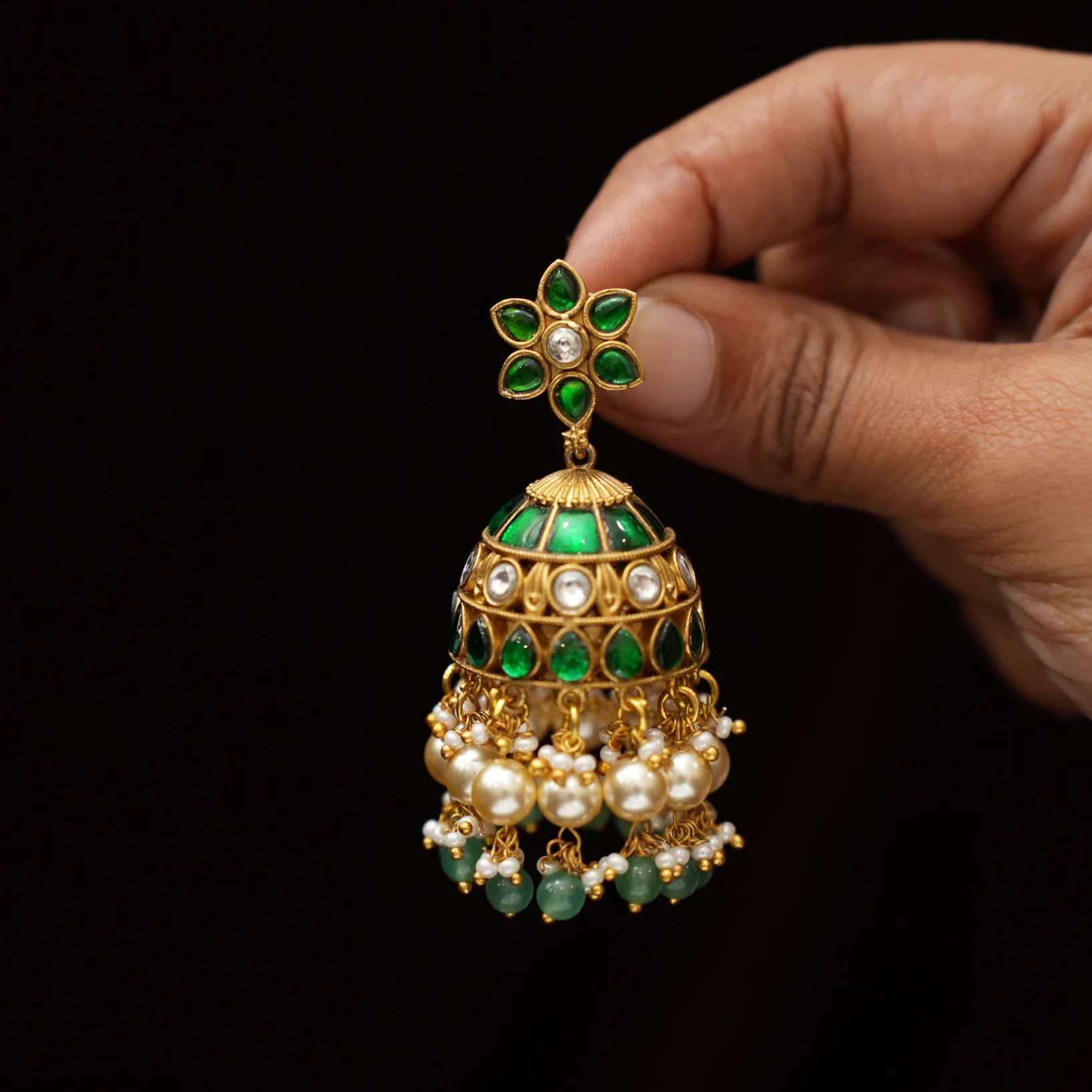 Pranika Polki Jhumka Earrings - Green