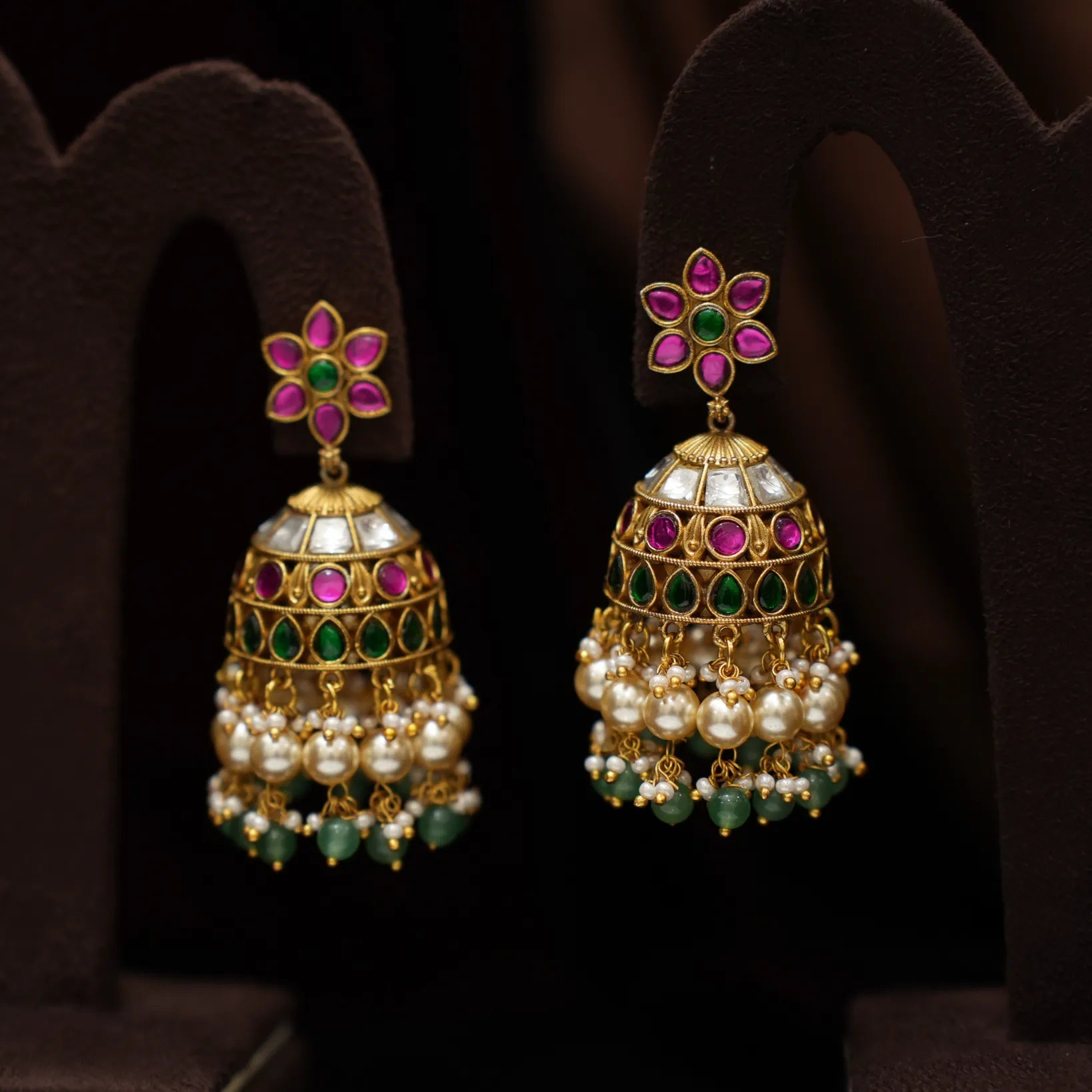 Pranika Polki Jhumka Earrings - Red & Green