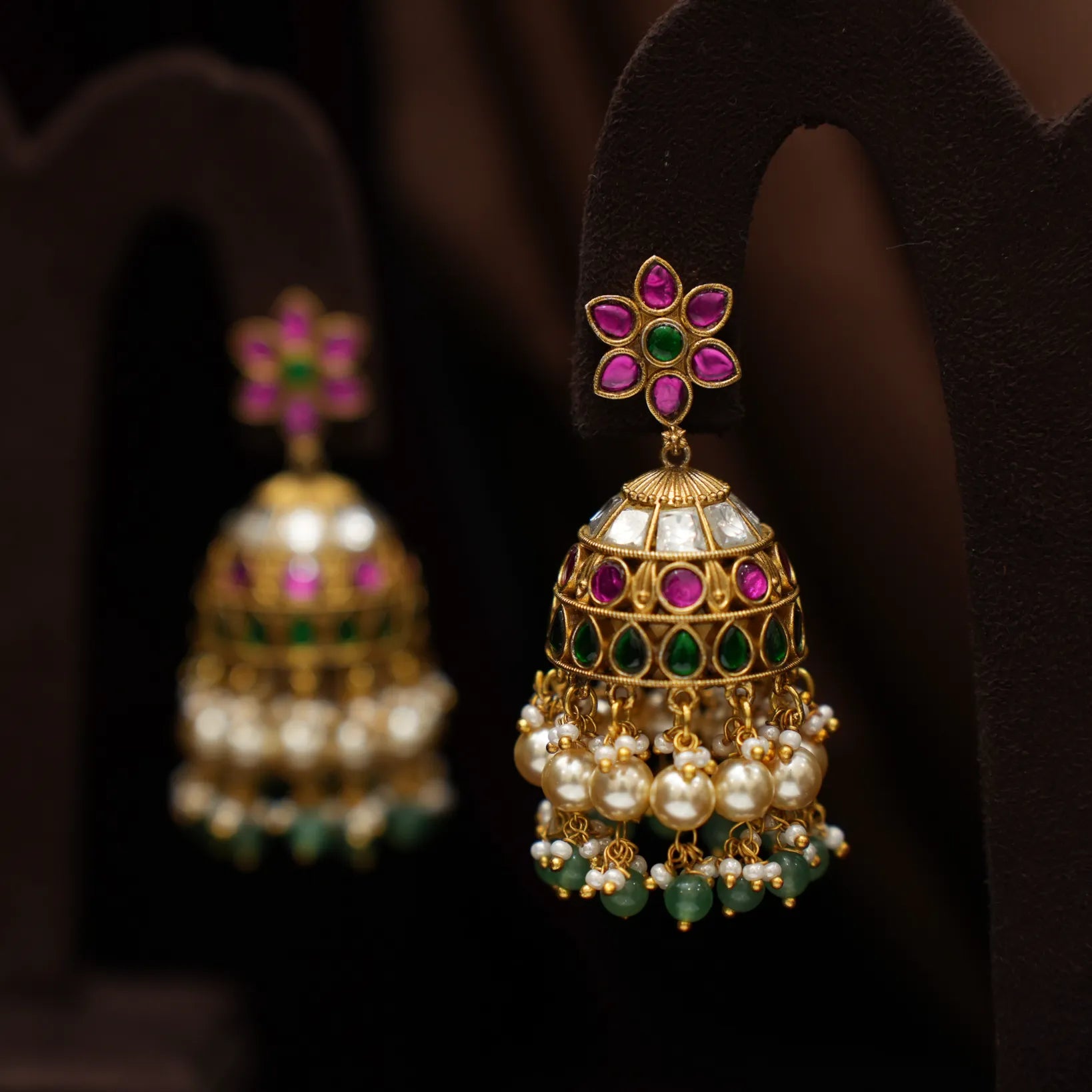 Pranika Polki Jhumka Earrings - Red & Green