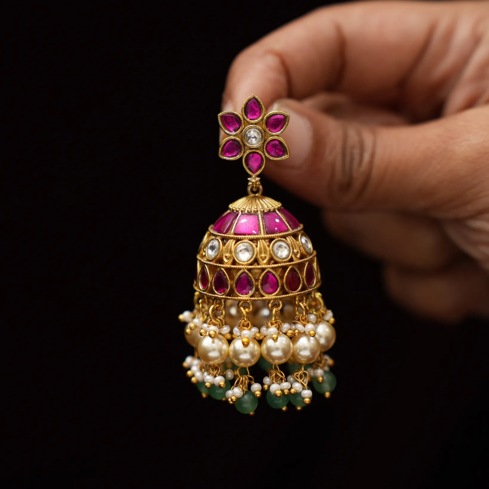 Pranika Polki Jhumka Earrings - Reddish Pink