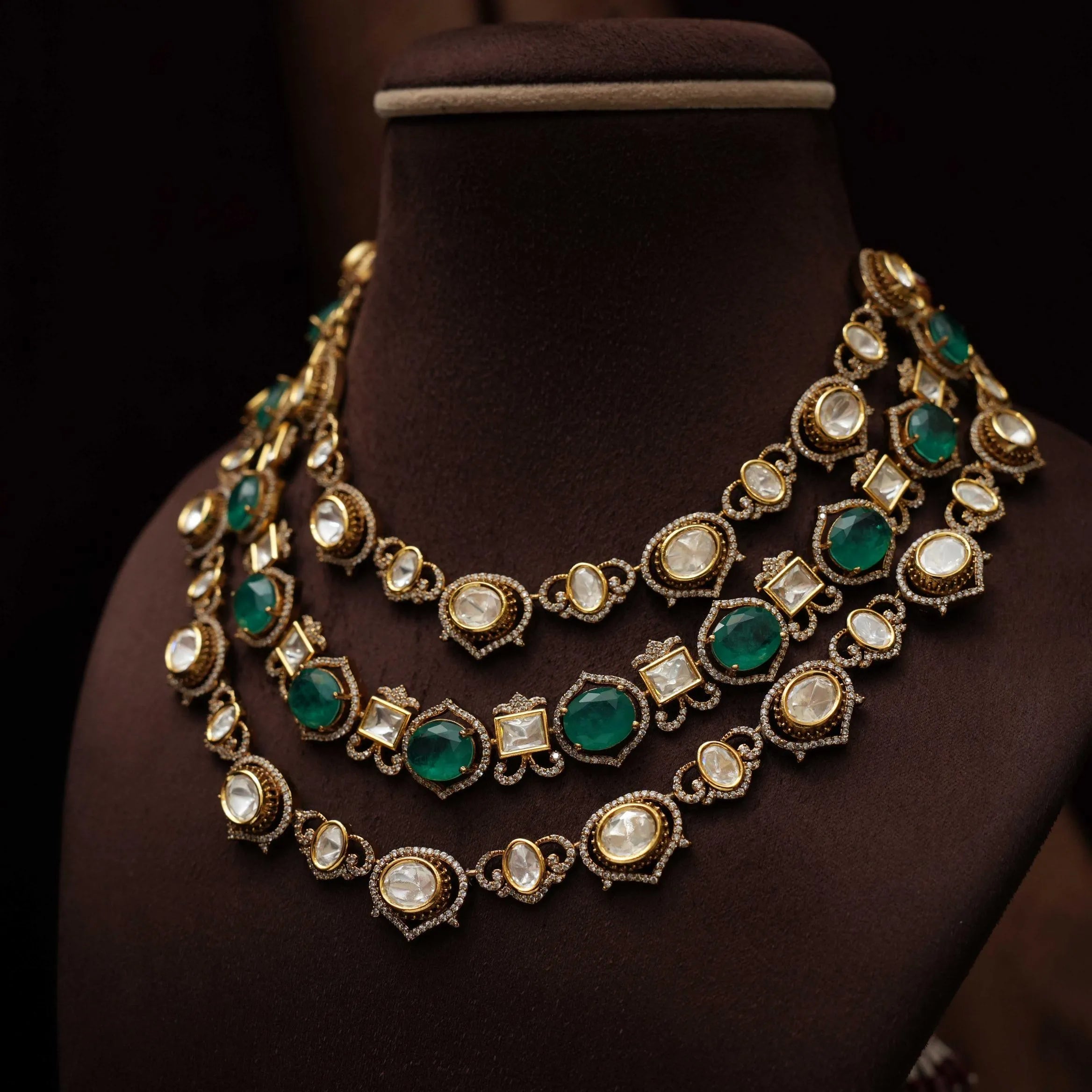 Pratim Layered Victorian Kundan Necklace - Emerald Green