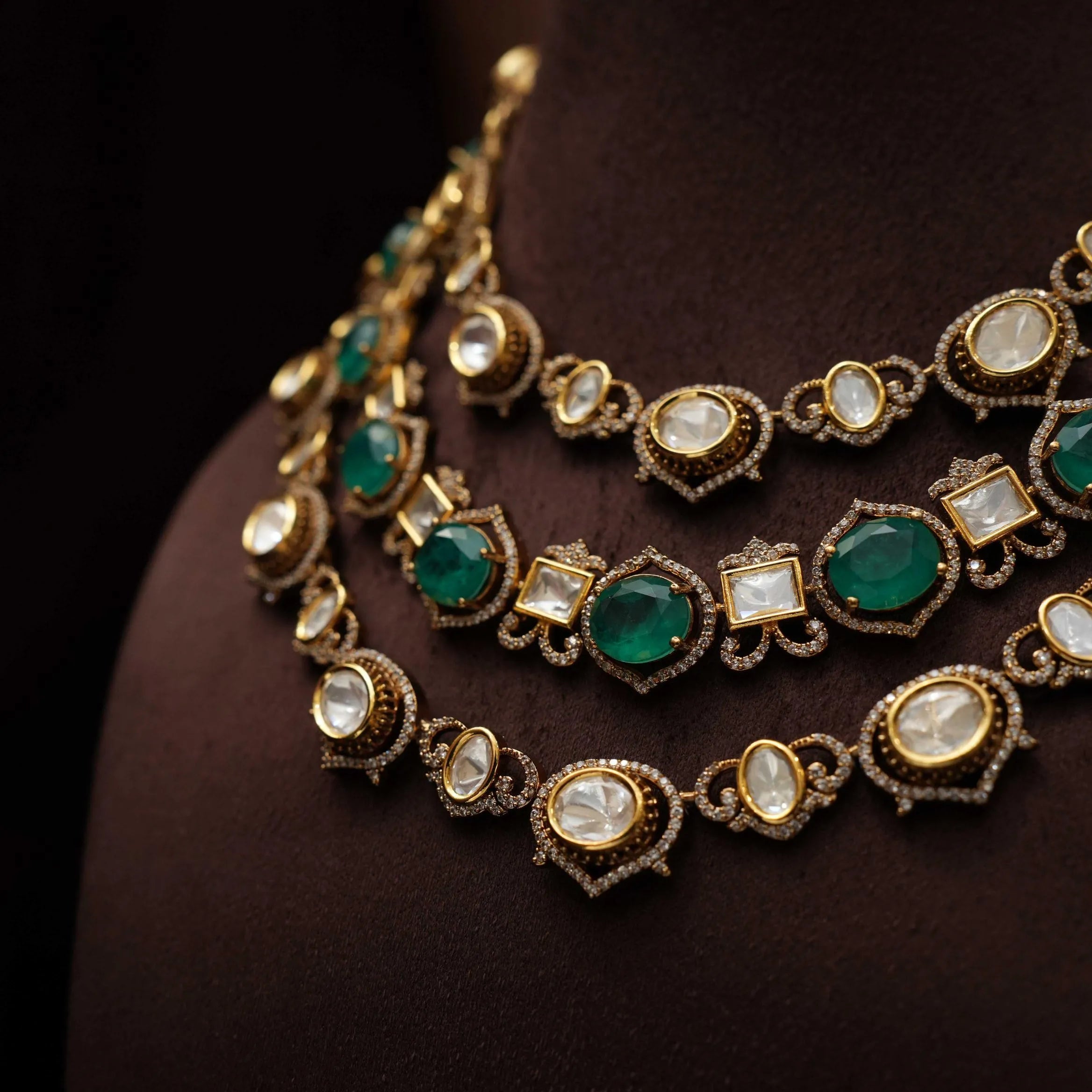 Pratim Layered Victorian Kundan Necklace - Emerald Green