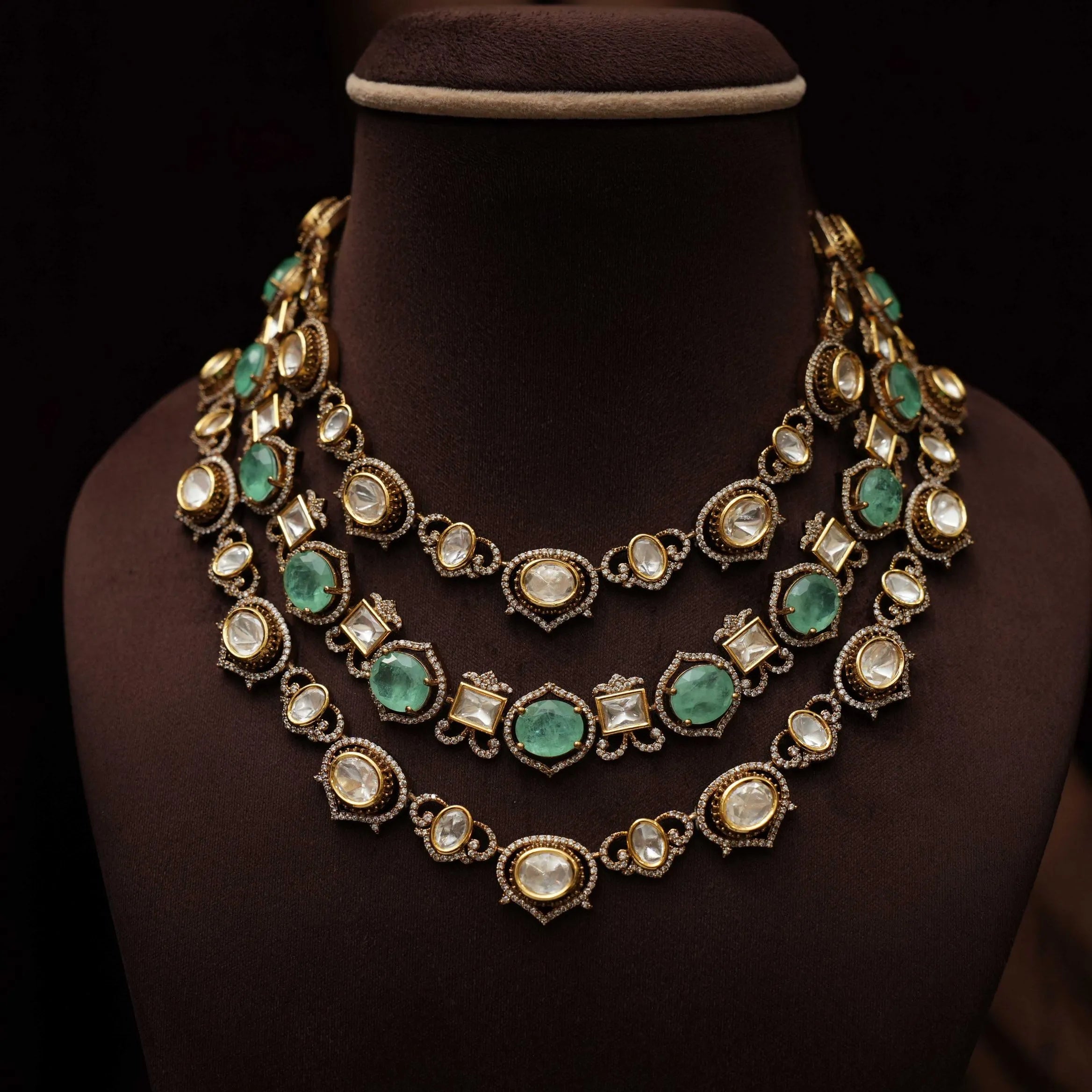 Pratim Layered Victorian Kundan Necklace - Pastel Green