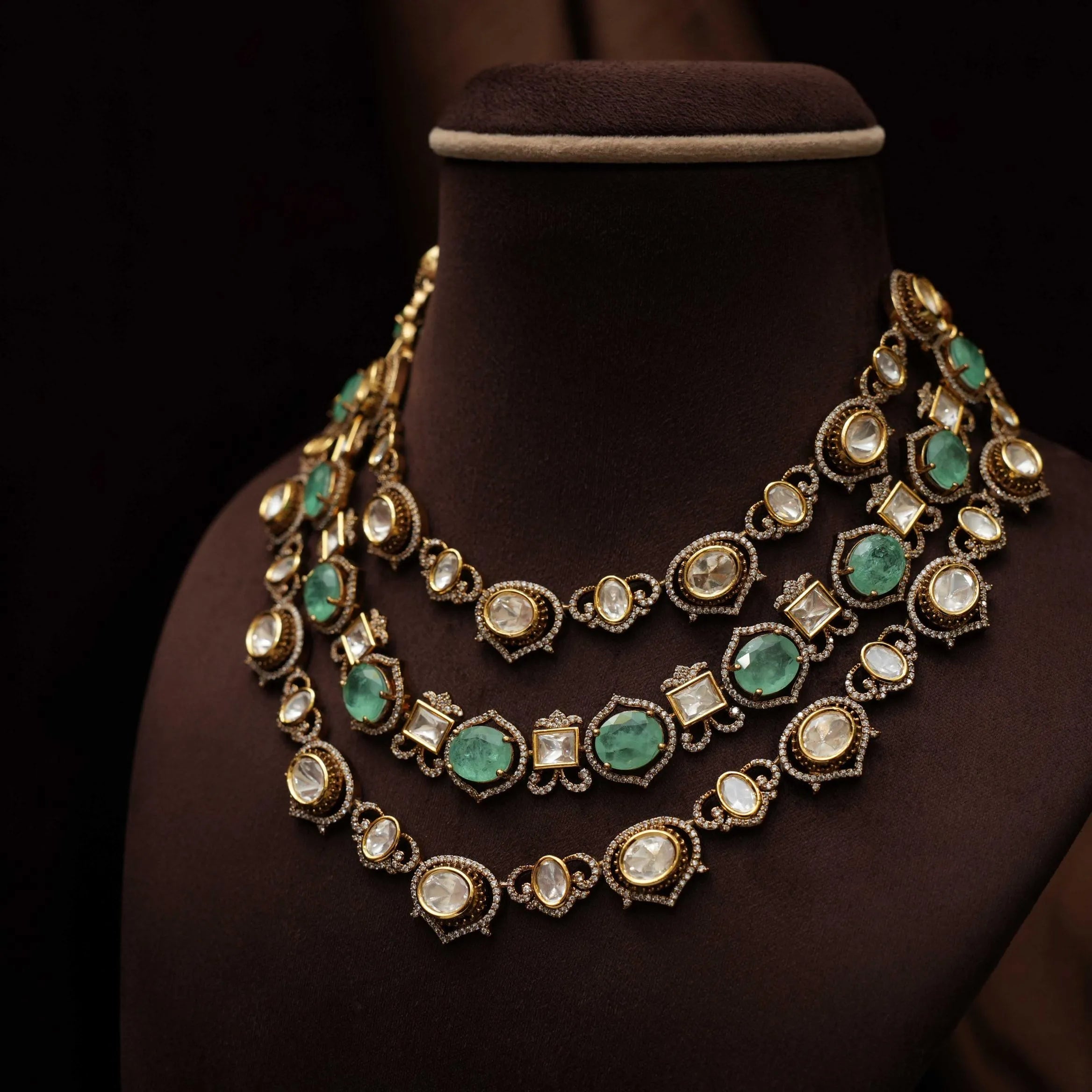Pratim Layered Victorian Kundan Necklace - Pastel Green