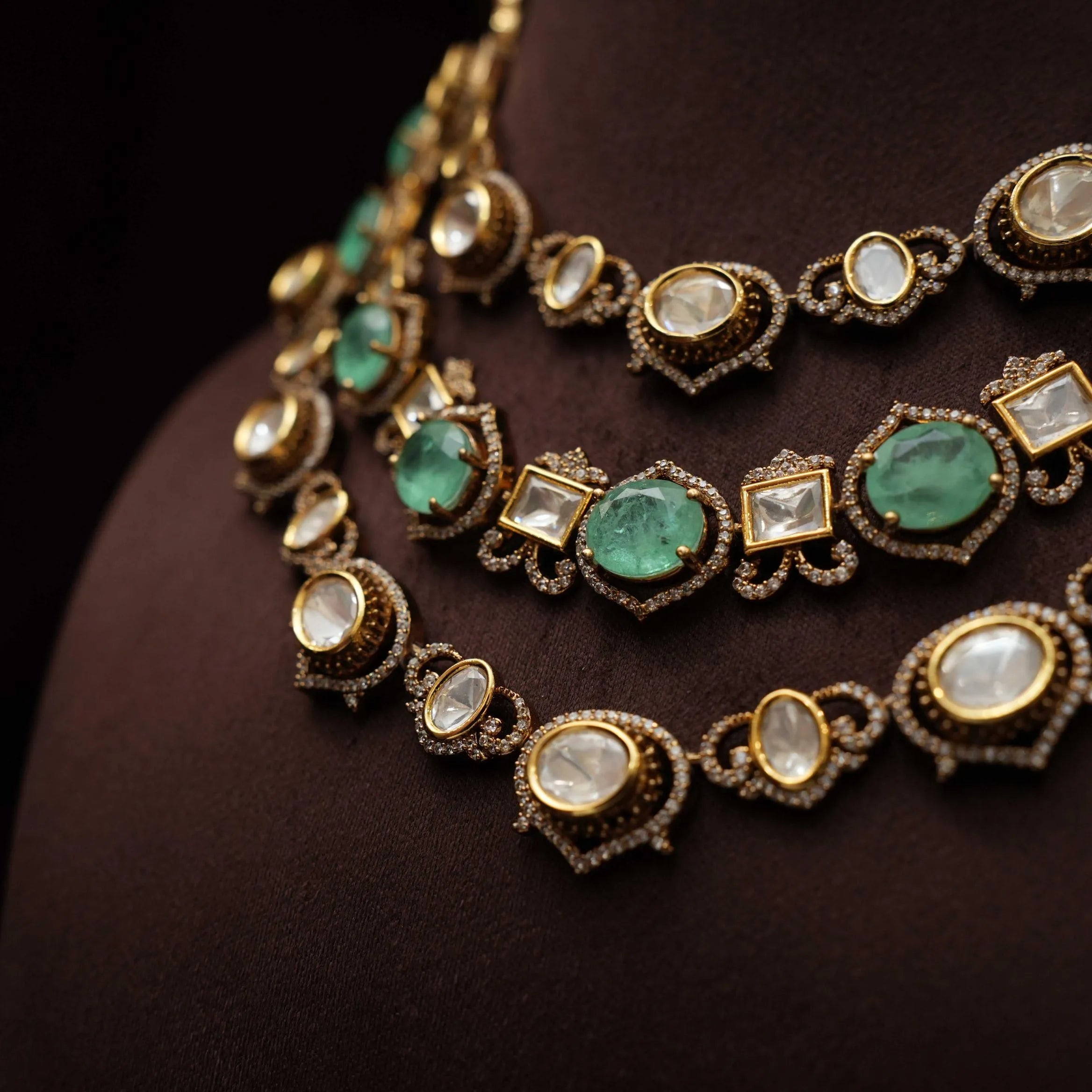 Pratim Layered Victorian Kundan Necklace - Pastel Green