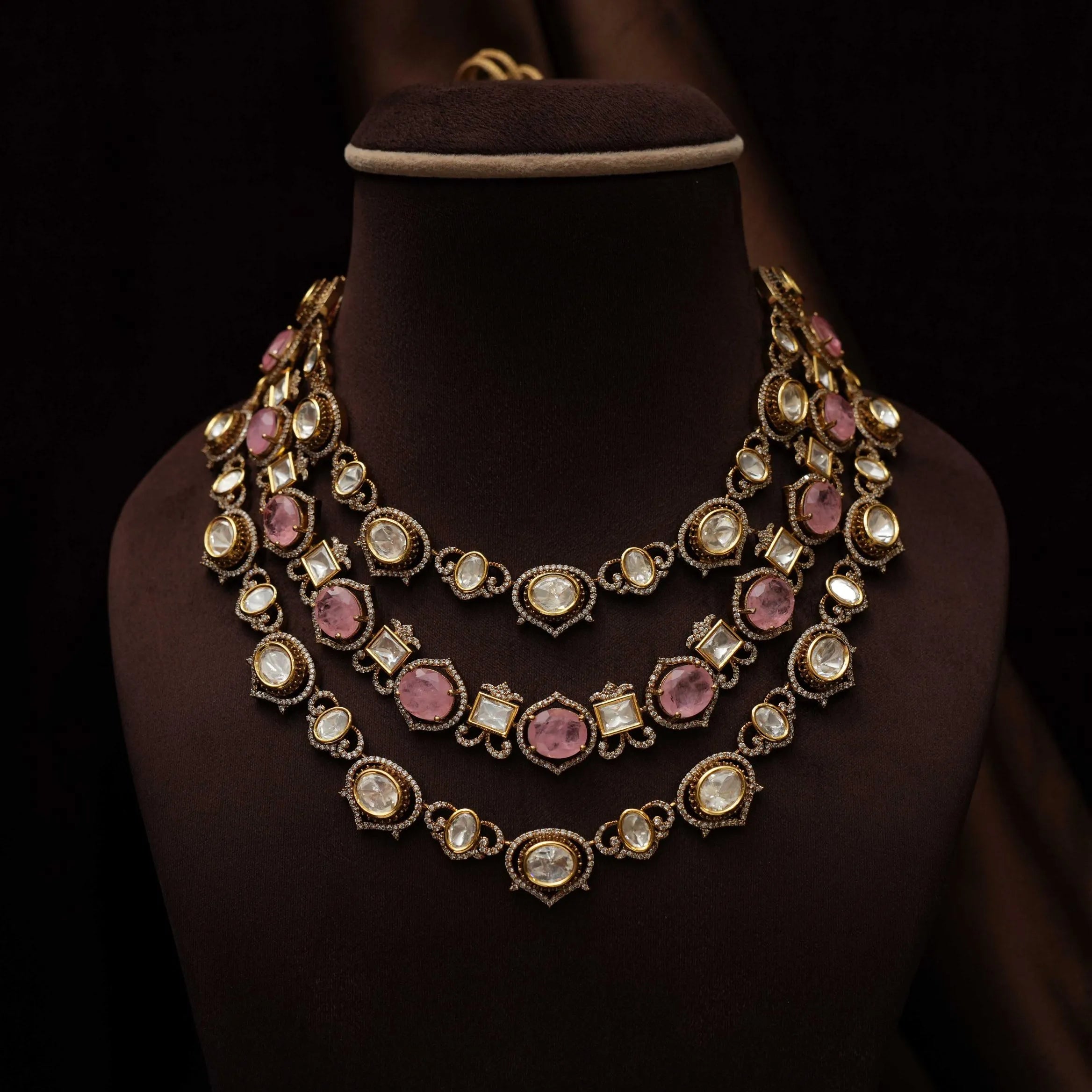 Pratim Layered Victorian Kundan Necklace - Pink