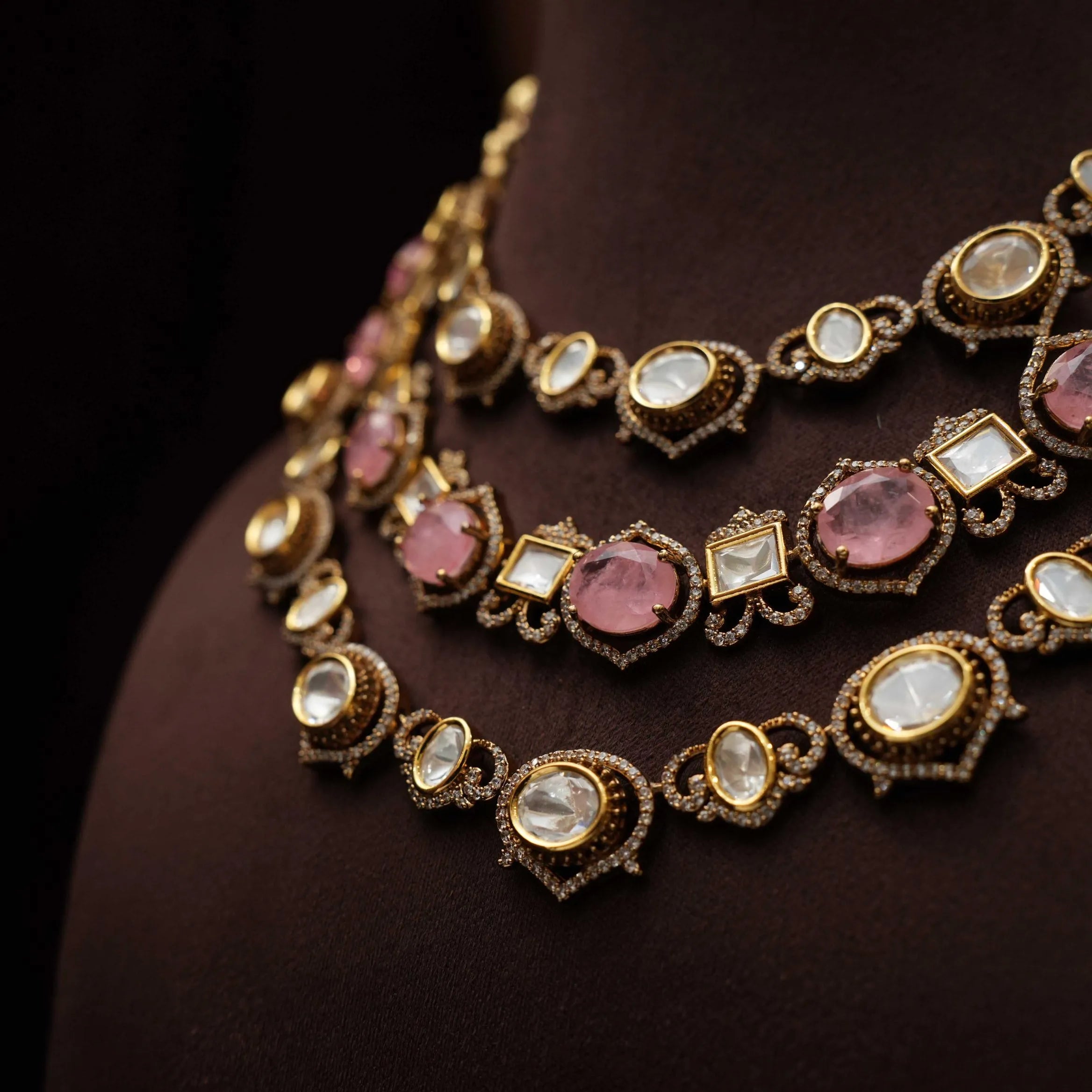 Pratim Layered Victorian Kundan Necklace - Pink