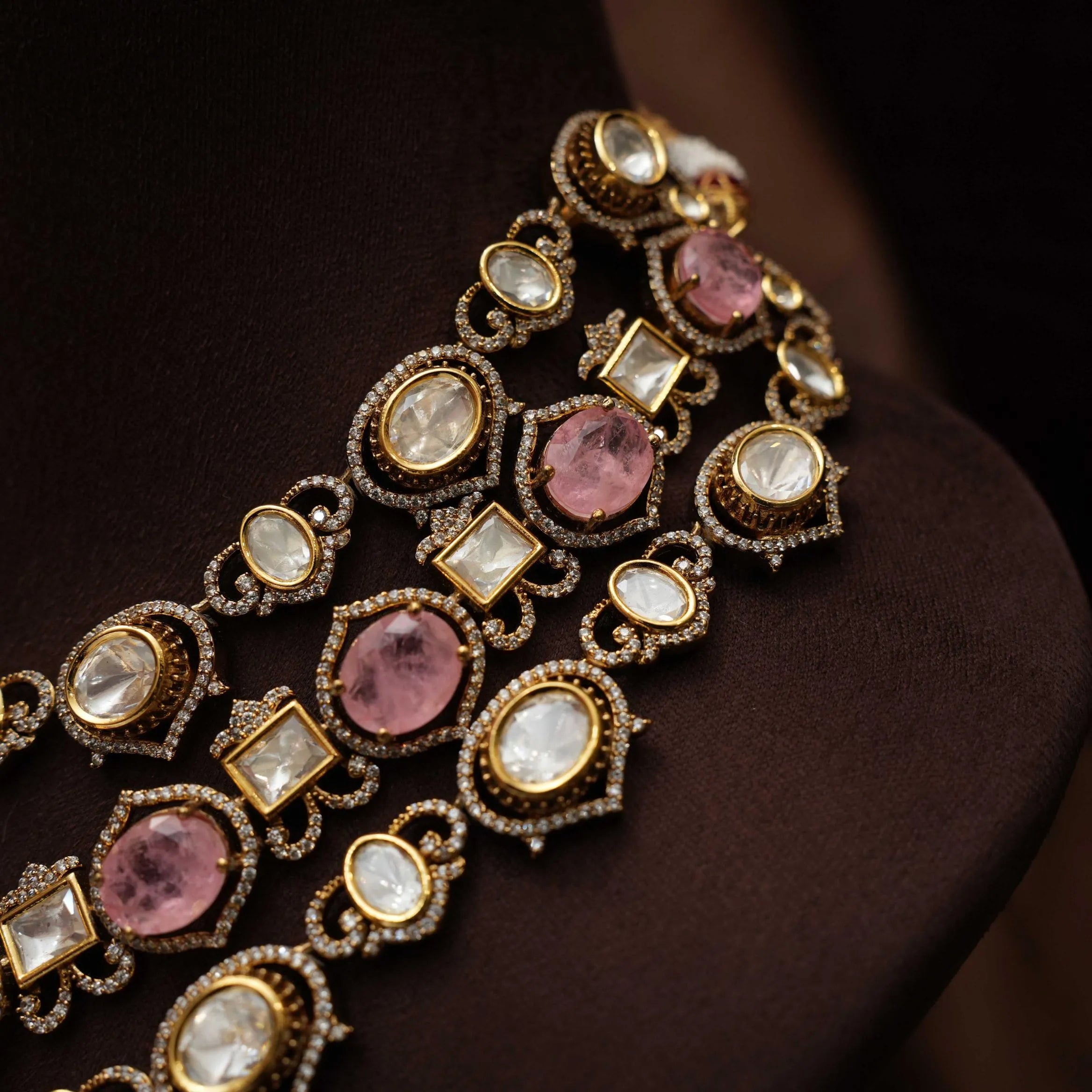 Pratim Layered Victorian Kundan Necklace - Pink