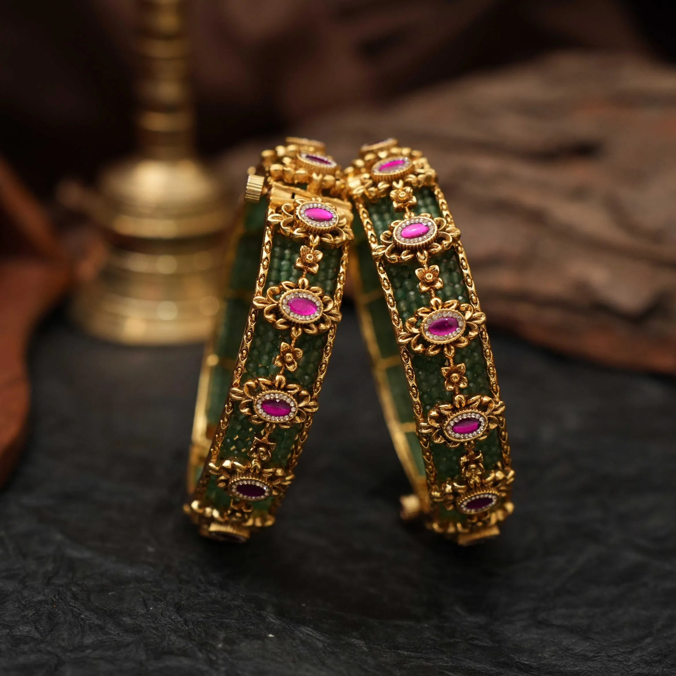 Prayagi Polki Bangles - Green