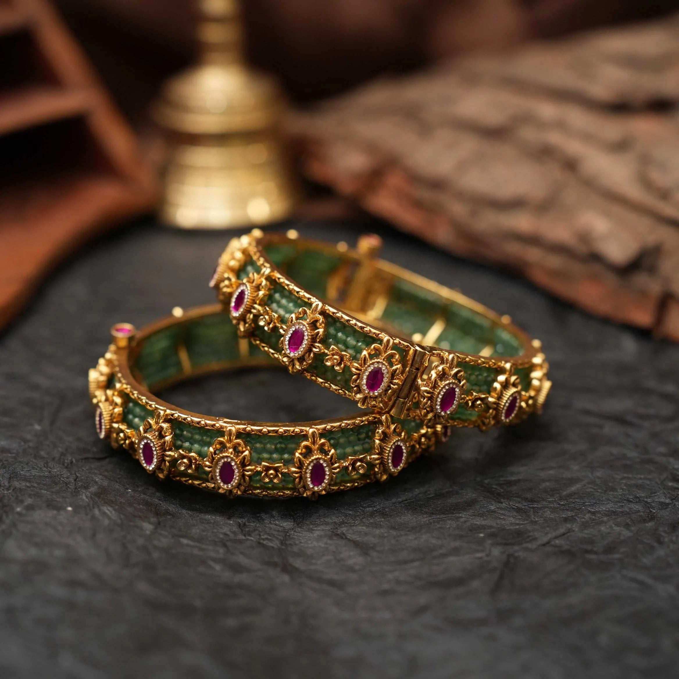 Prayagi Polki Bangles - Green