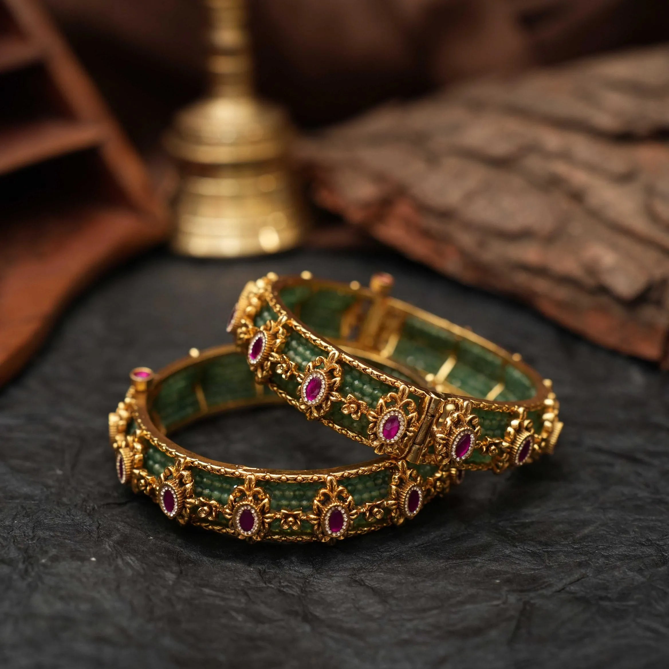Prayagi Polki Bangles - Green