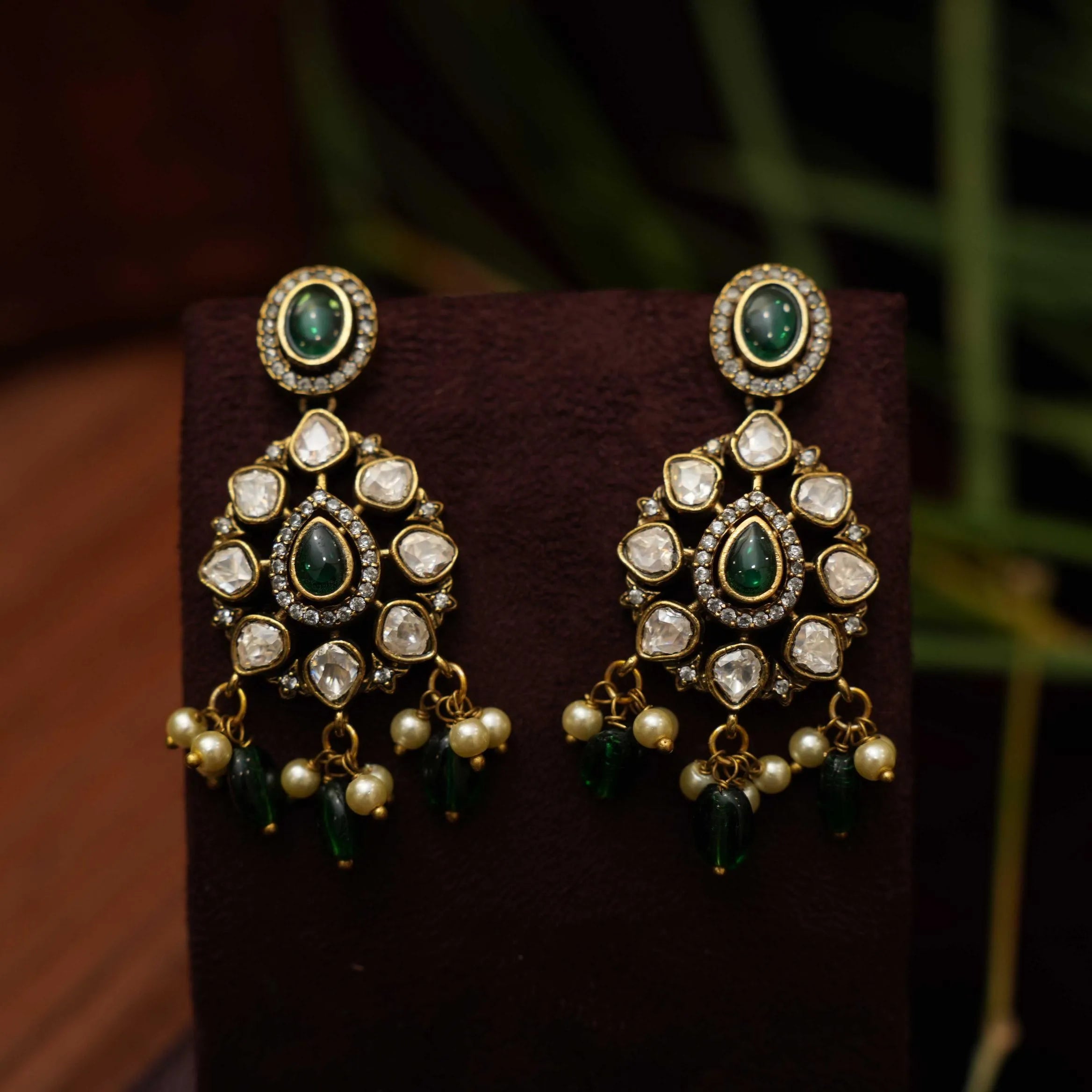 Prisa Victorian Polki Earrings - Dark Green