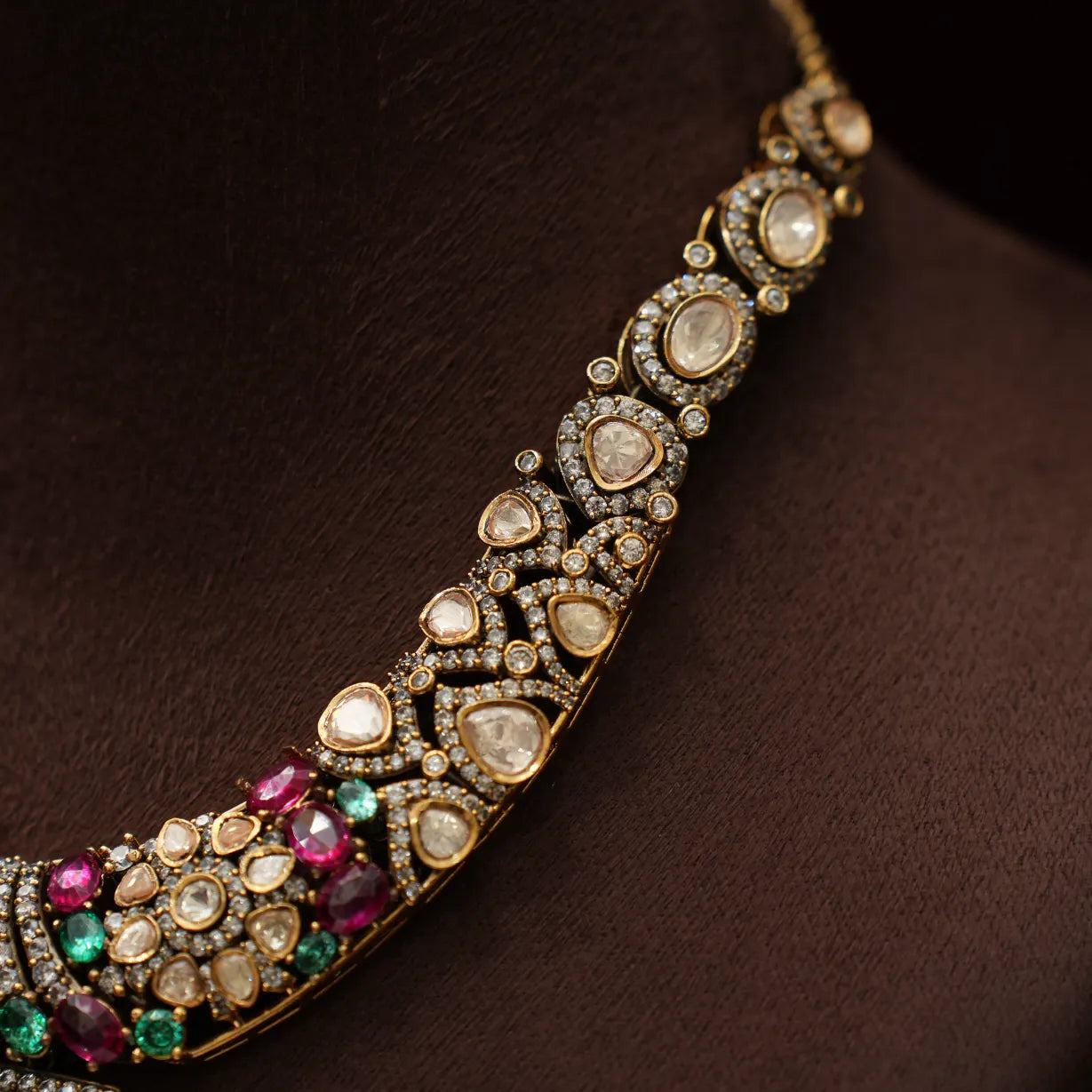 Prisha Victorian Polki Necklace - Emerald Green