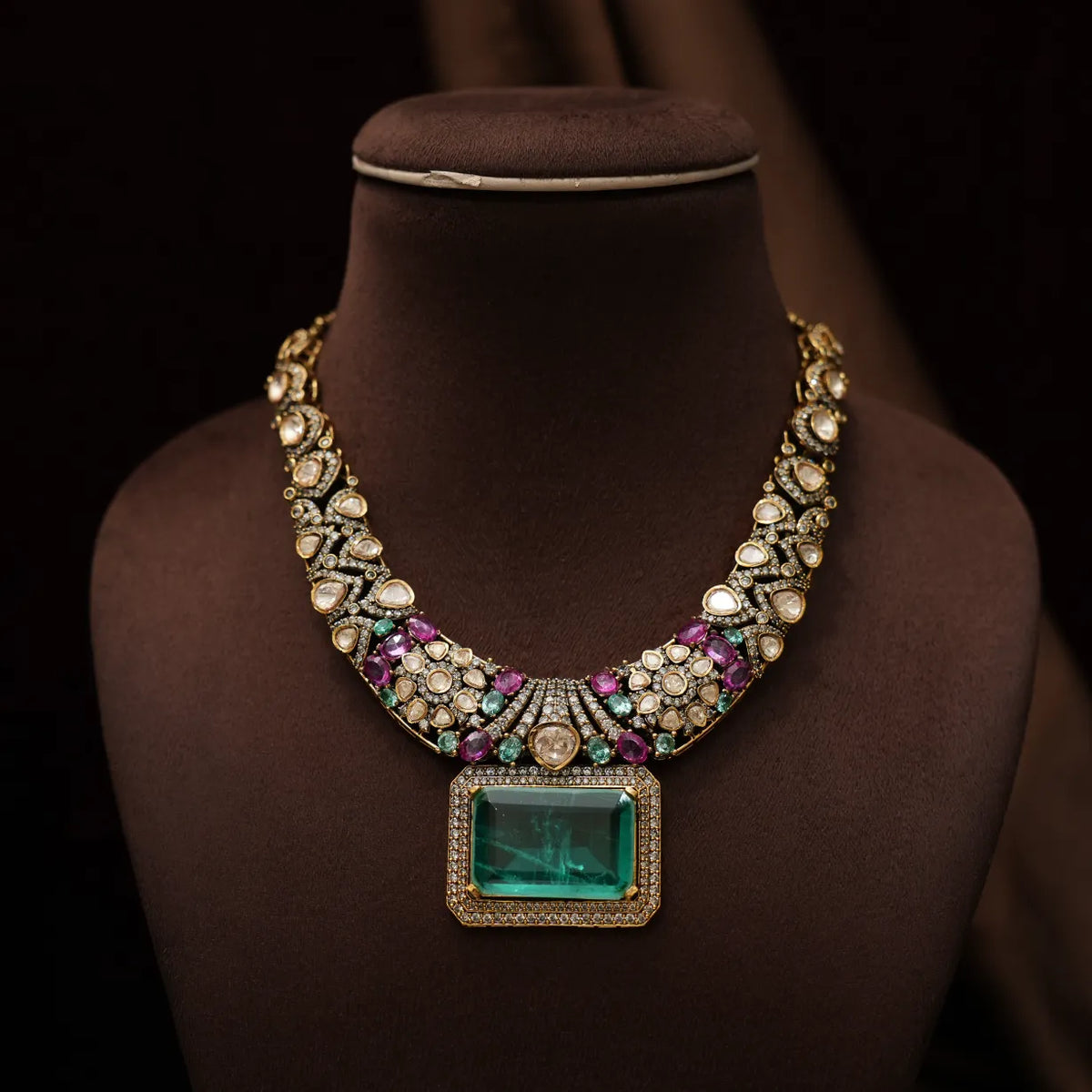 Prisha Victorian Polki Necklace - Pastel Green