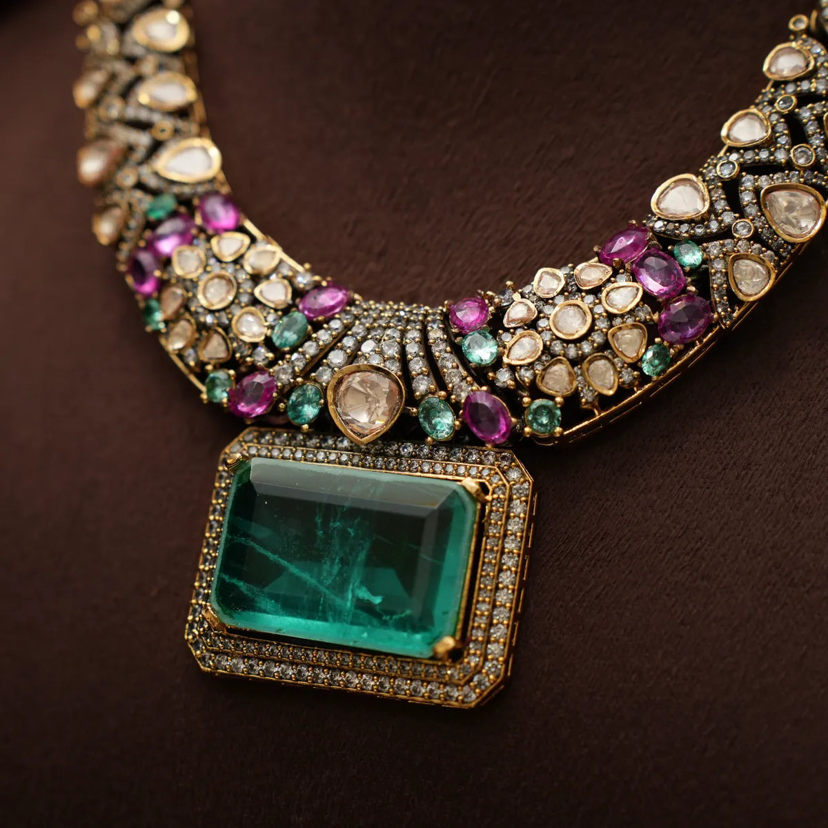 Prisha Victorian Polki Necklace - Pastel Green