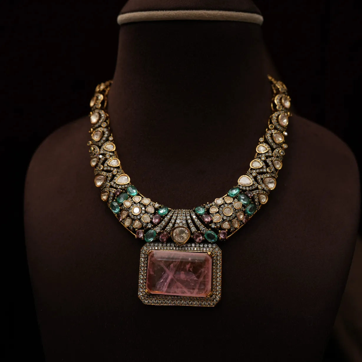 Prisha Victorian Polki Necklace - Pastel Pink