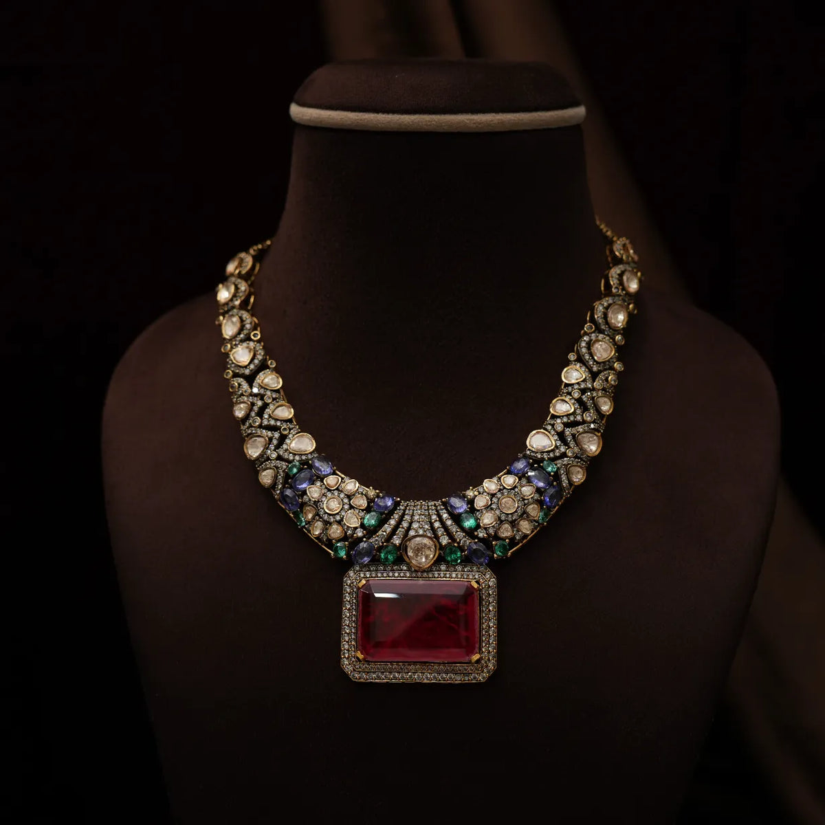 Prisha Victorian Polki Necklace - Ruby Pink