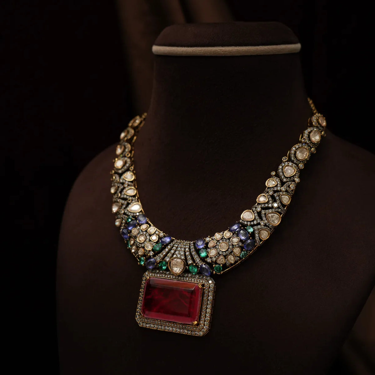 Prisha Victorian Polki Necklace - Ruby Pink