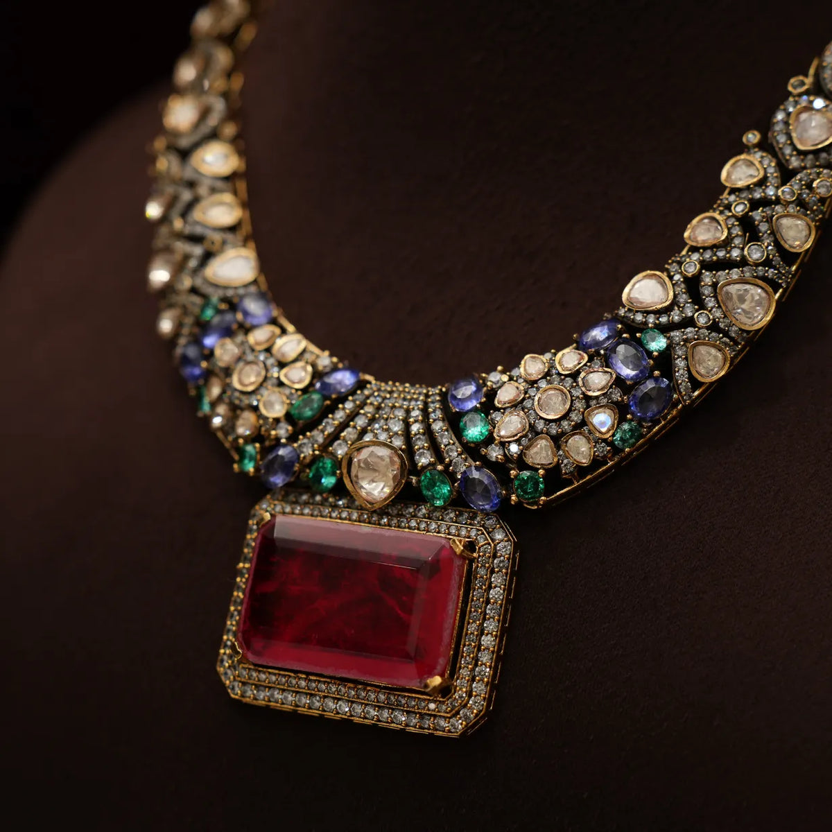 Prisha Victorian Polki Necklace - Ruby Pink
