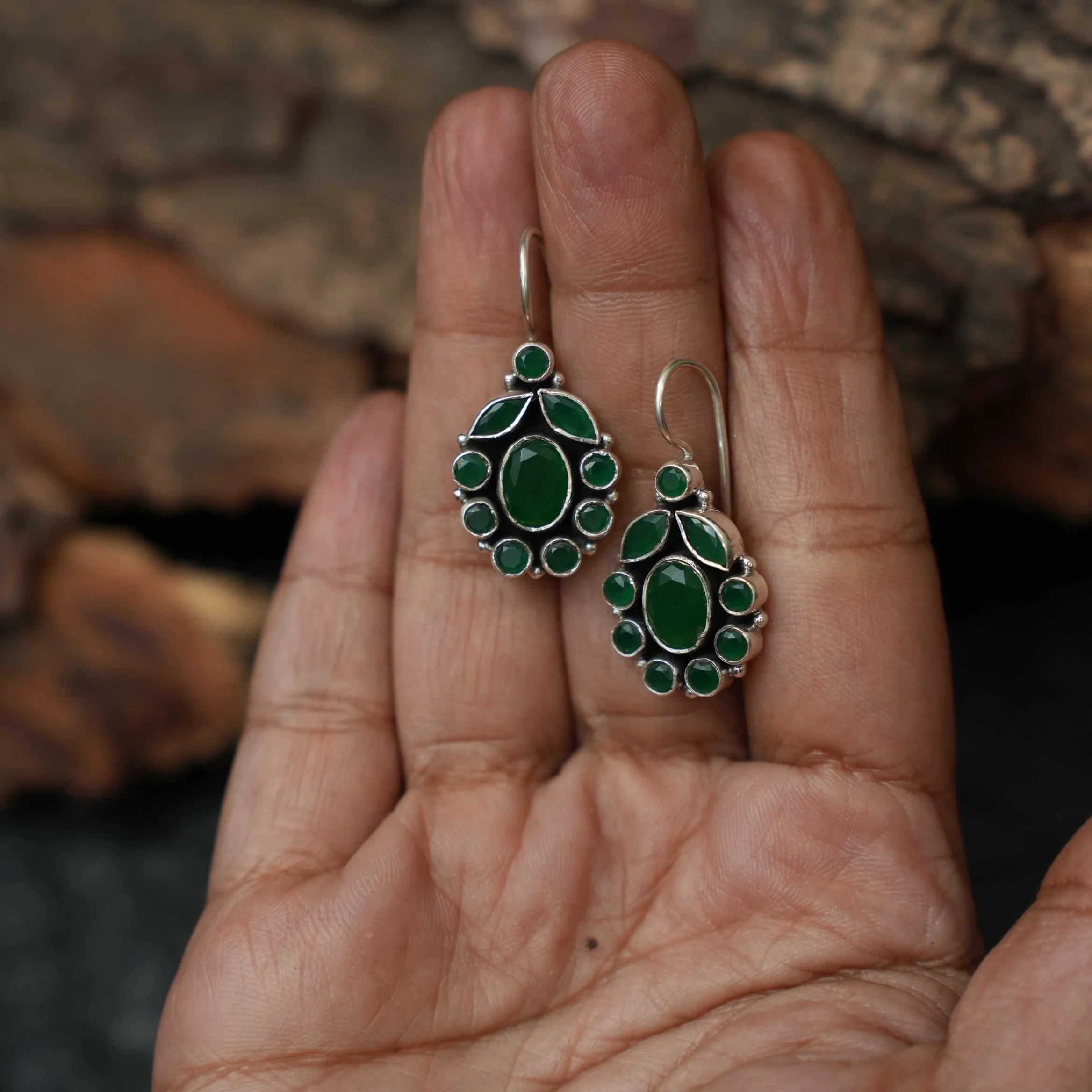 Puviksha Silver Oxidised Ear Stud - Green