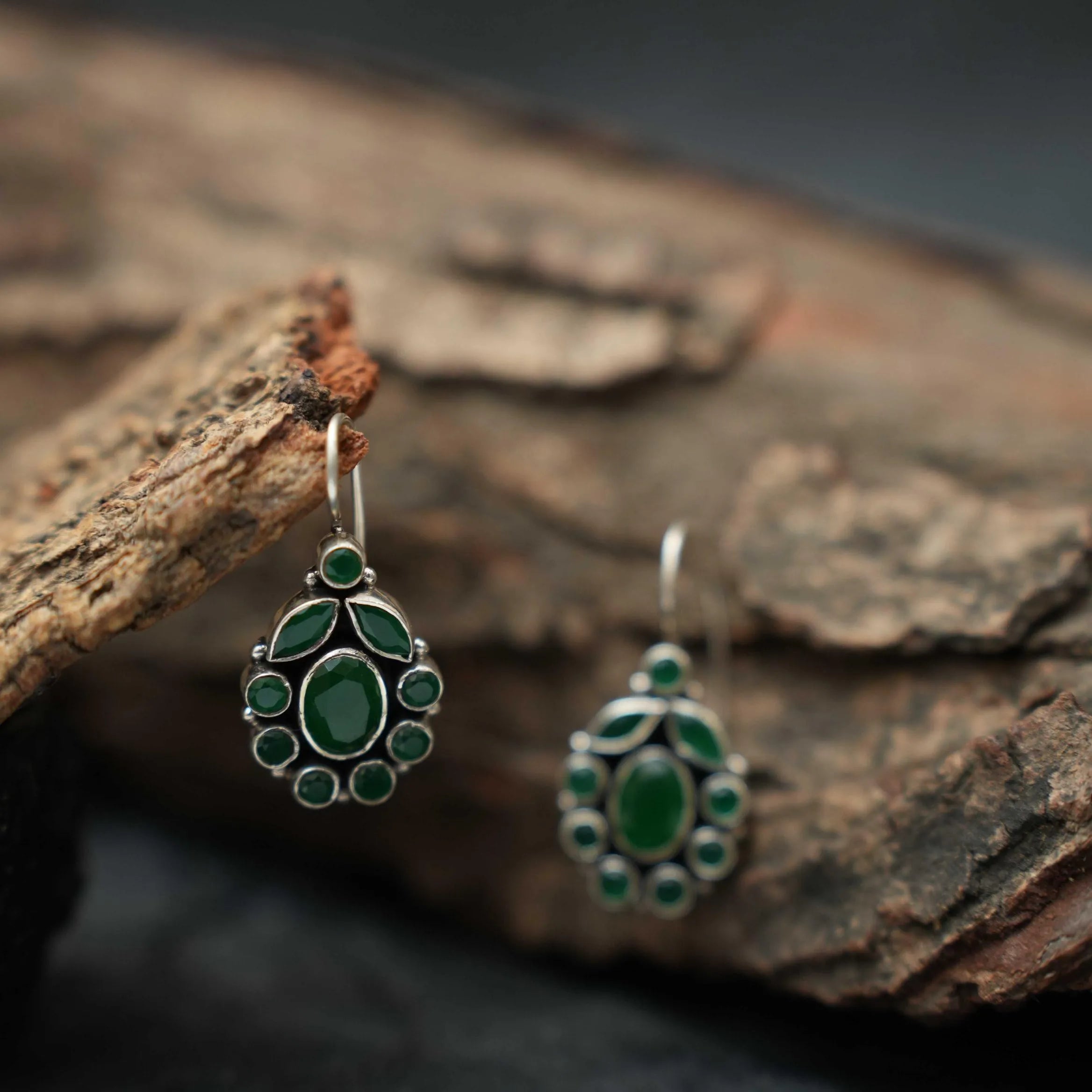 Puviksha Silver Oxidised Ear Stud - Green