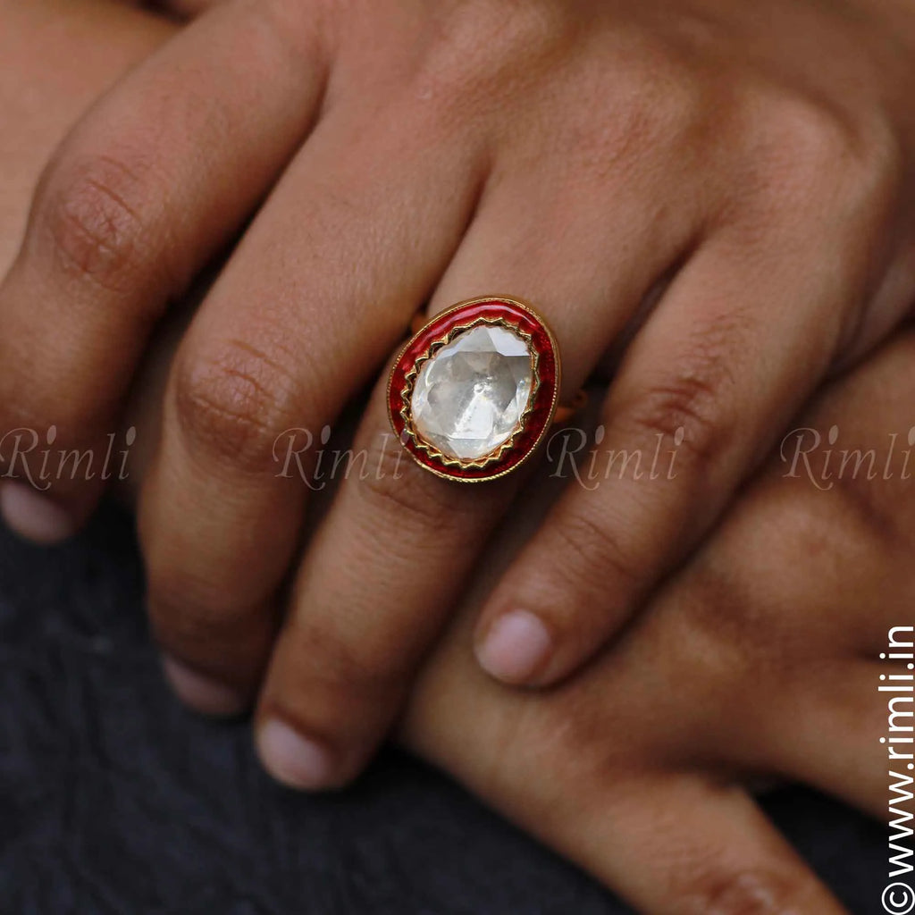 Red Kundan Silver Ring