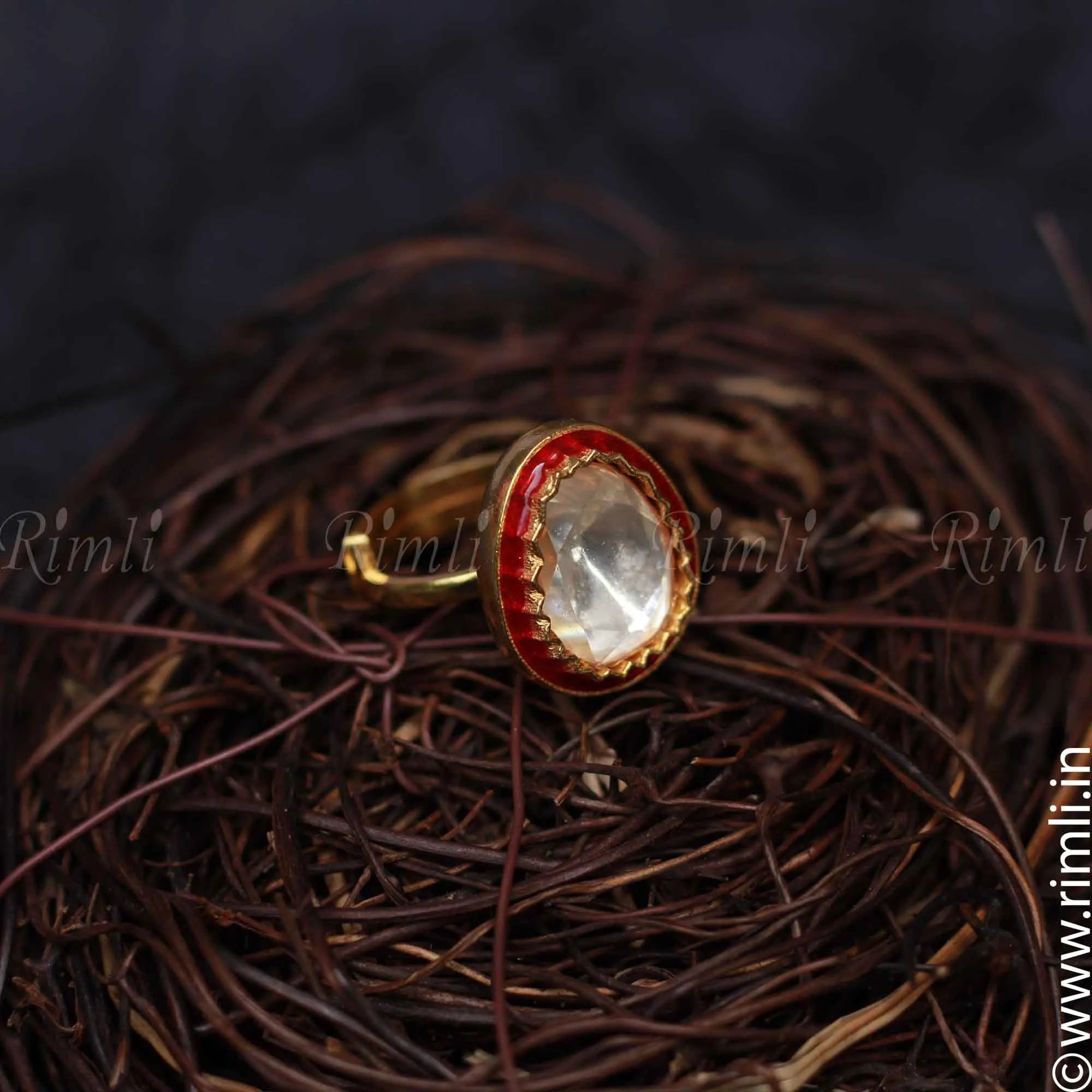 Red Kundan Silver Ring
