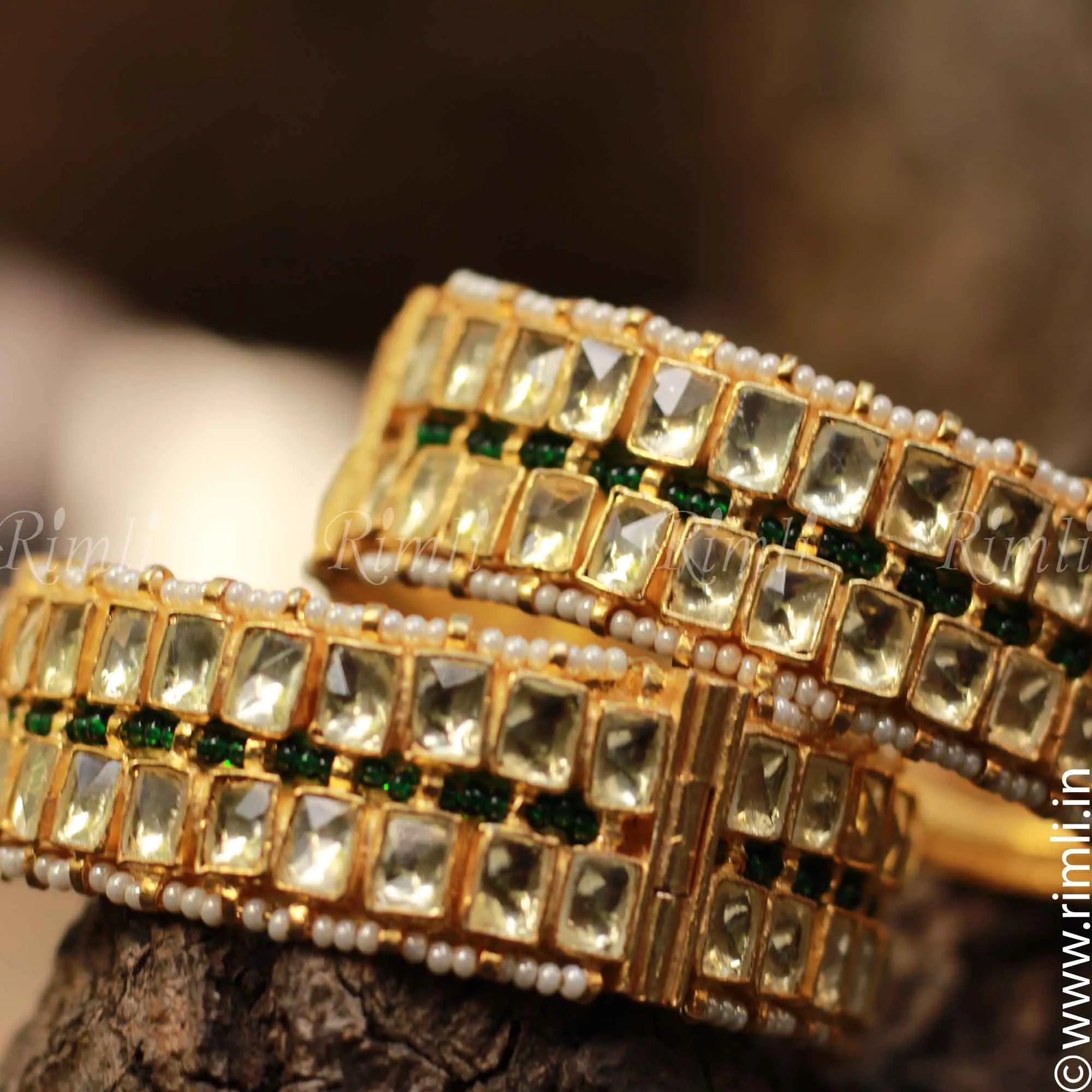 Classic Polki Bangles with Green Beads