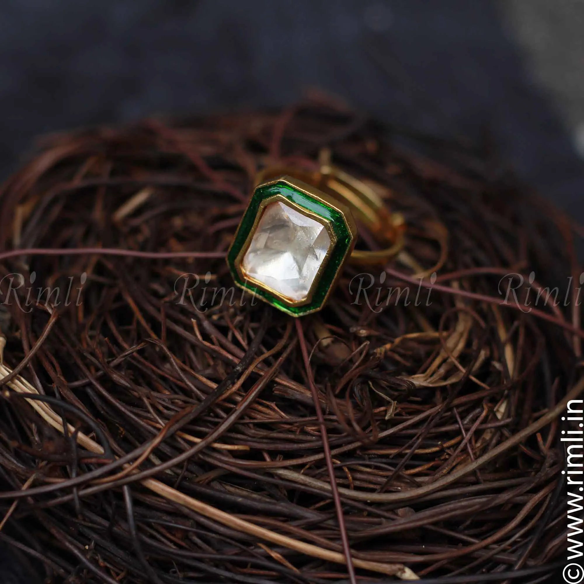 Green Kundan Silver Ring