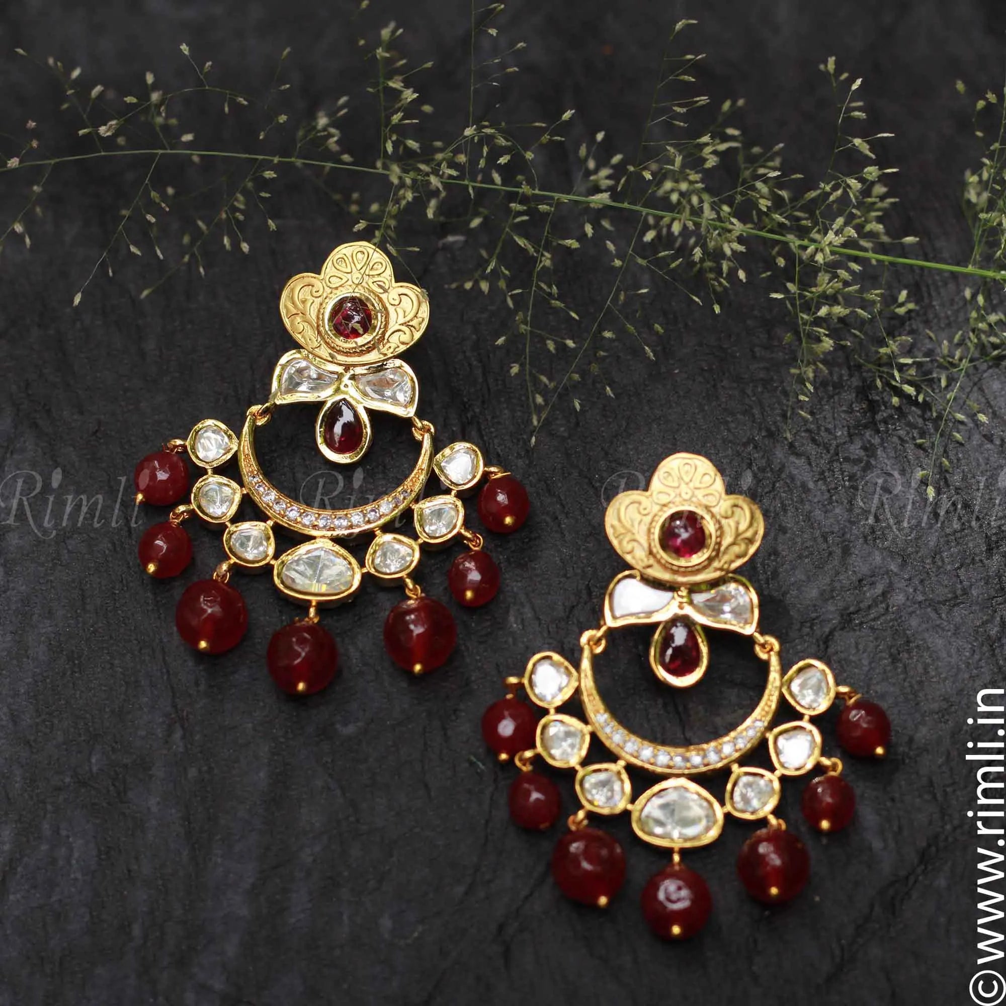 Chandbali Earrings Handcrafted With White Maroon Stones. - Rimli Boutique