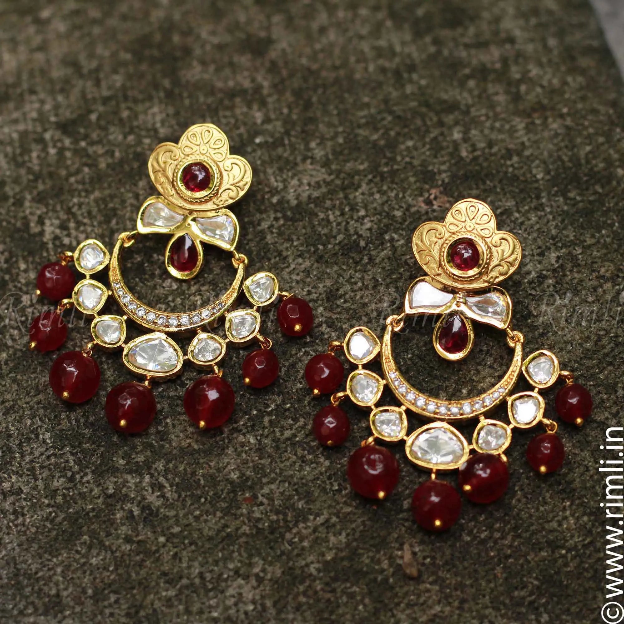Chandbali Earrings Handcrafted With White Maroon Stones.