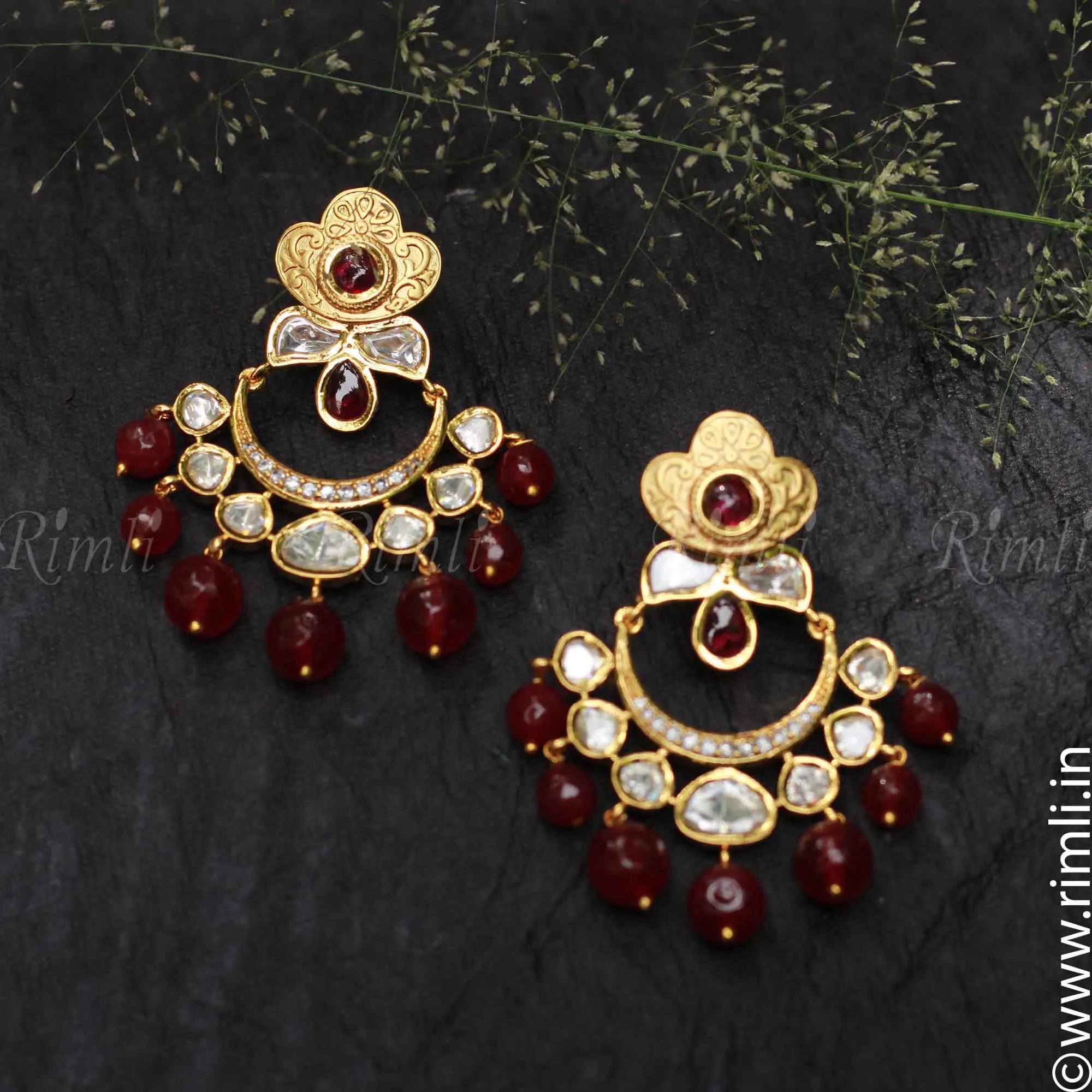 Chandbali Earrings Handcrafted With White Maroon Stones.