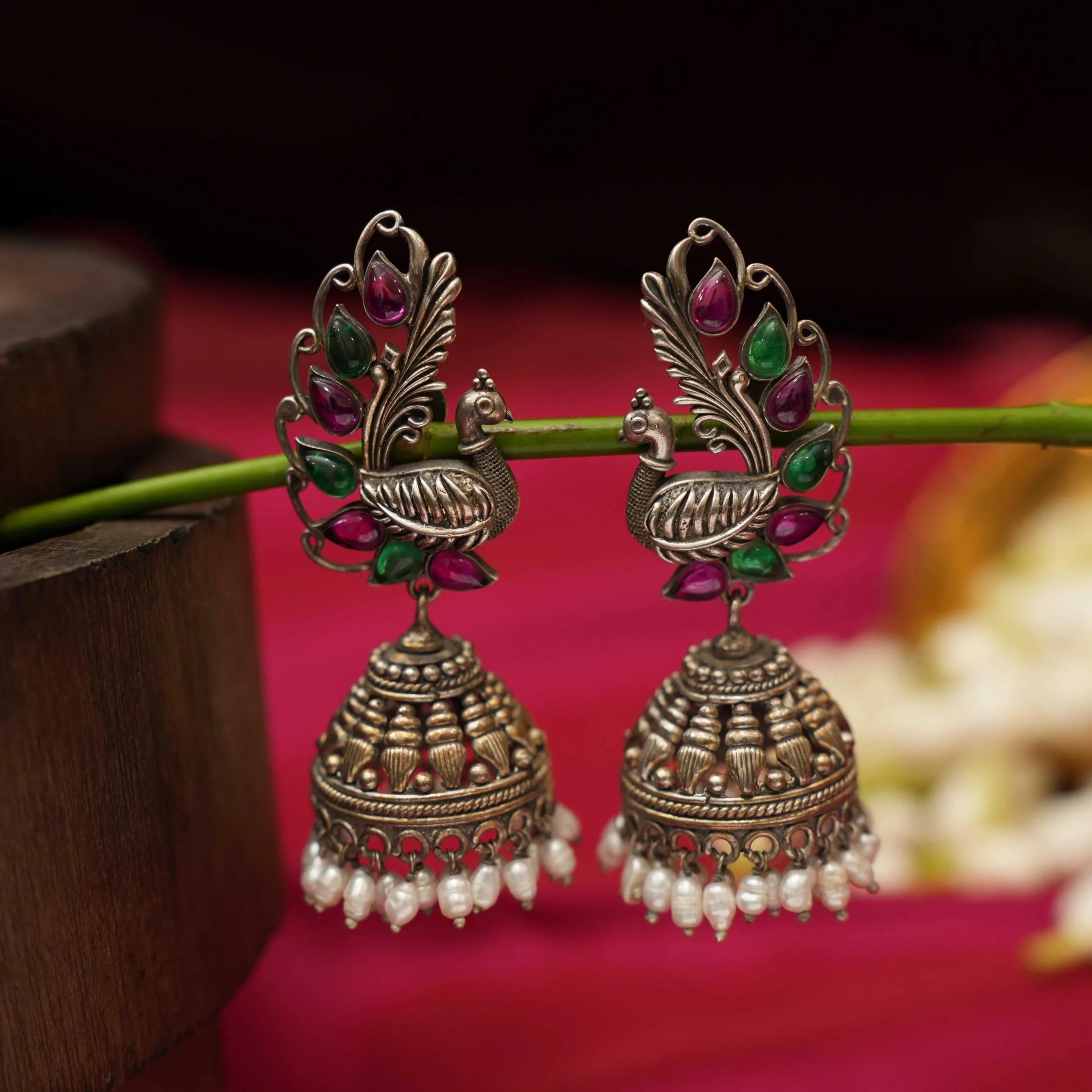 Red & Green Peacock Silver Jhumka - Rimli Boutique