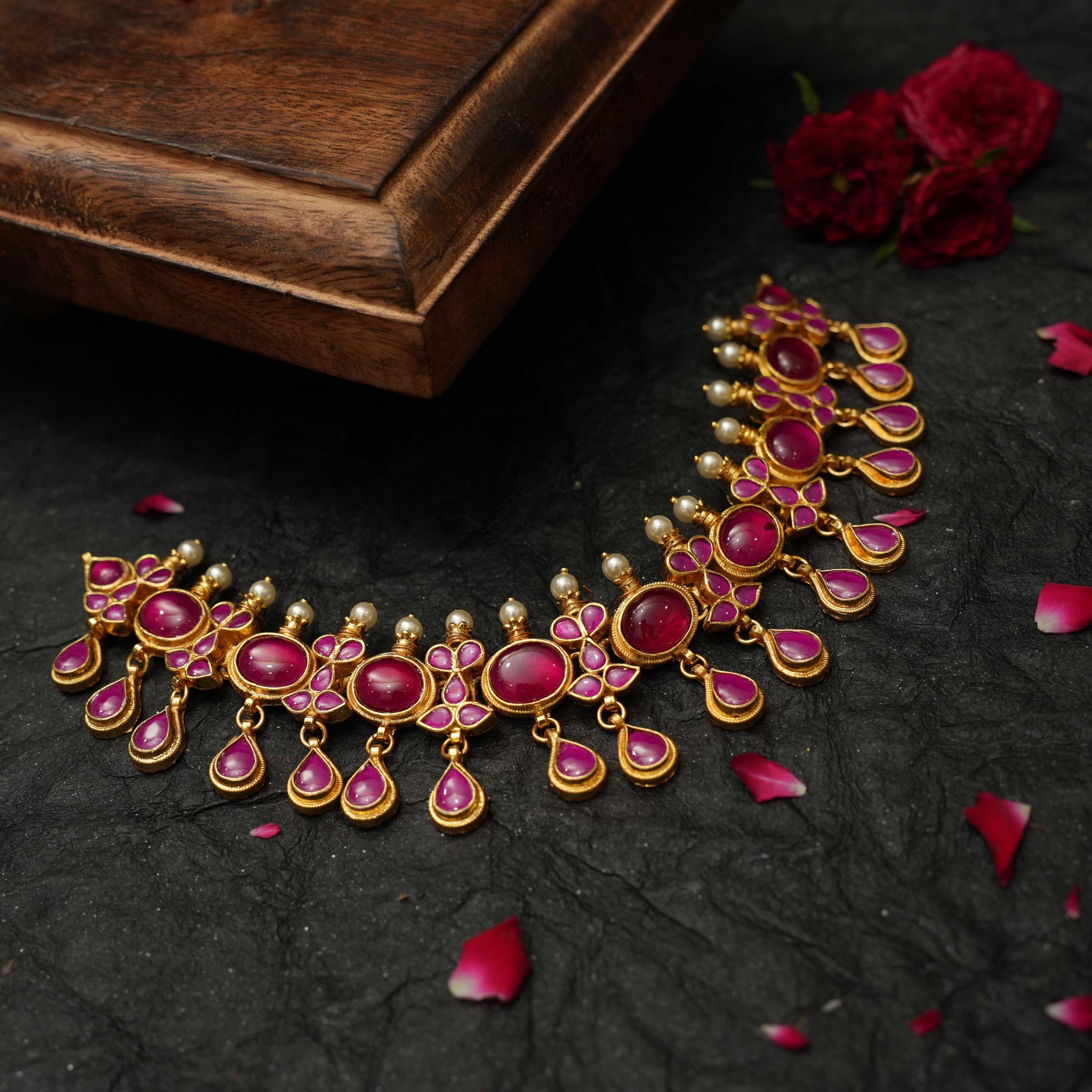 Esha Polki Necklace - Reddish Pink - Rimli Boutique