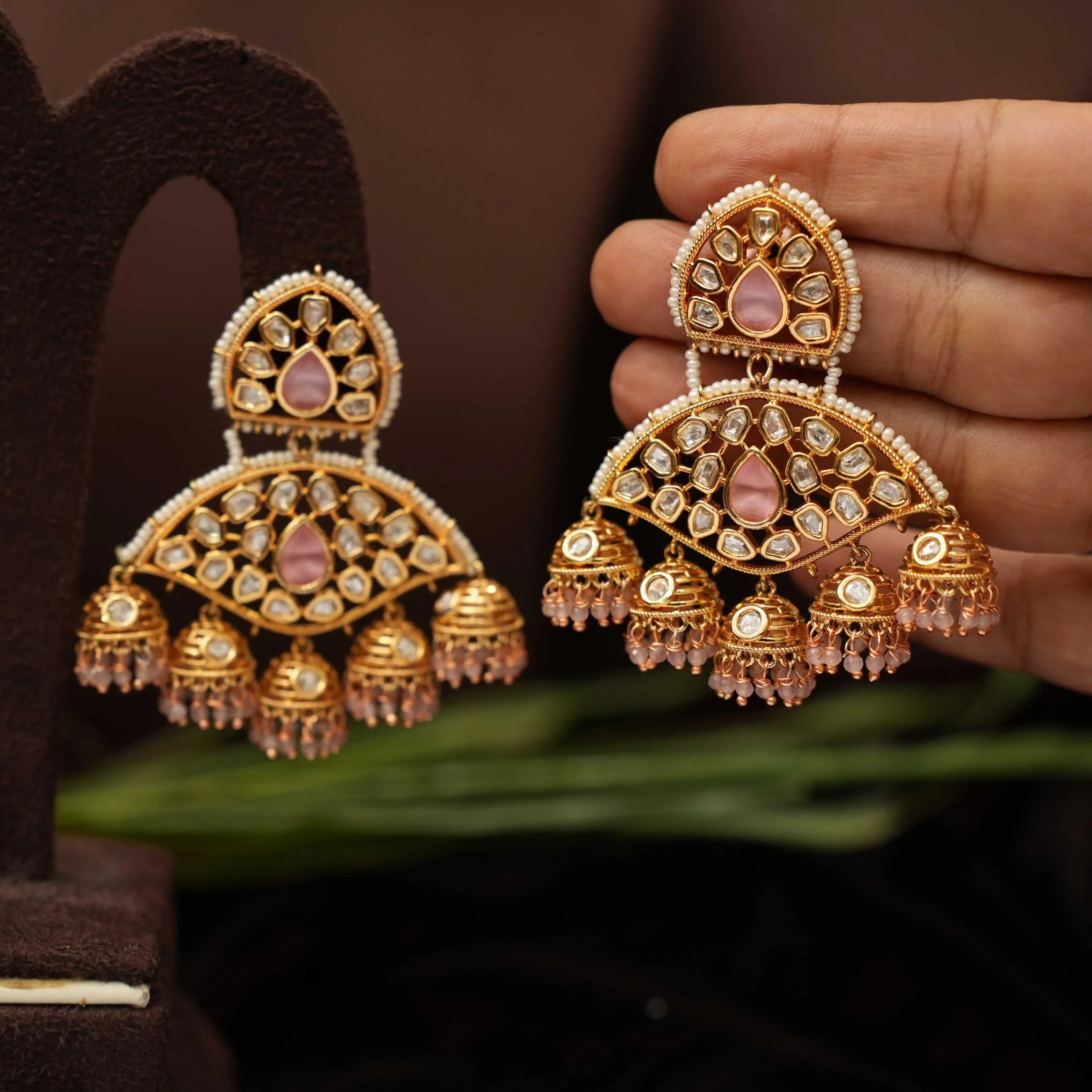 Reena Polki Designer Earrings - Pastel Pink