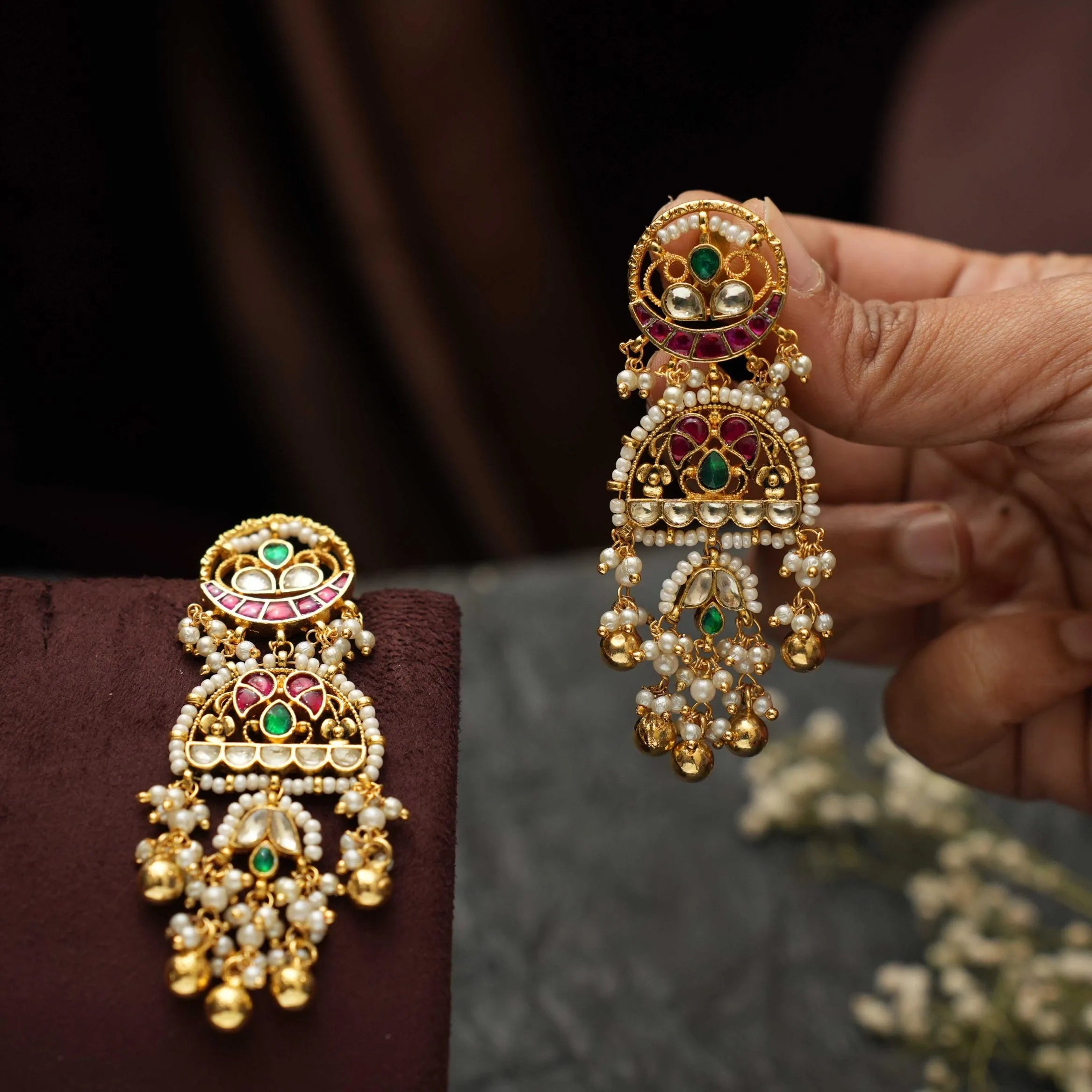 Reeva Polki Designer Earrings - White