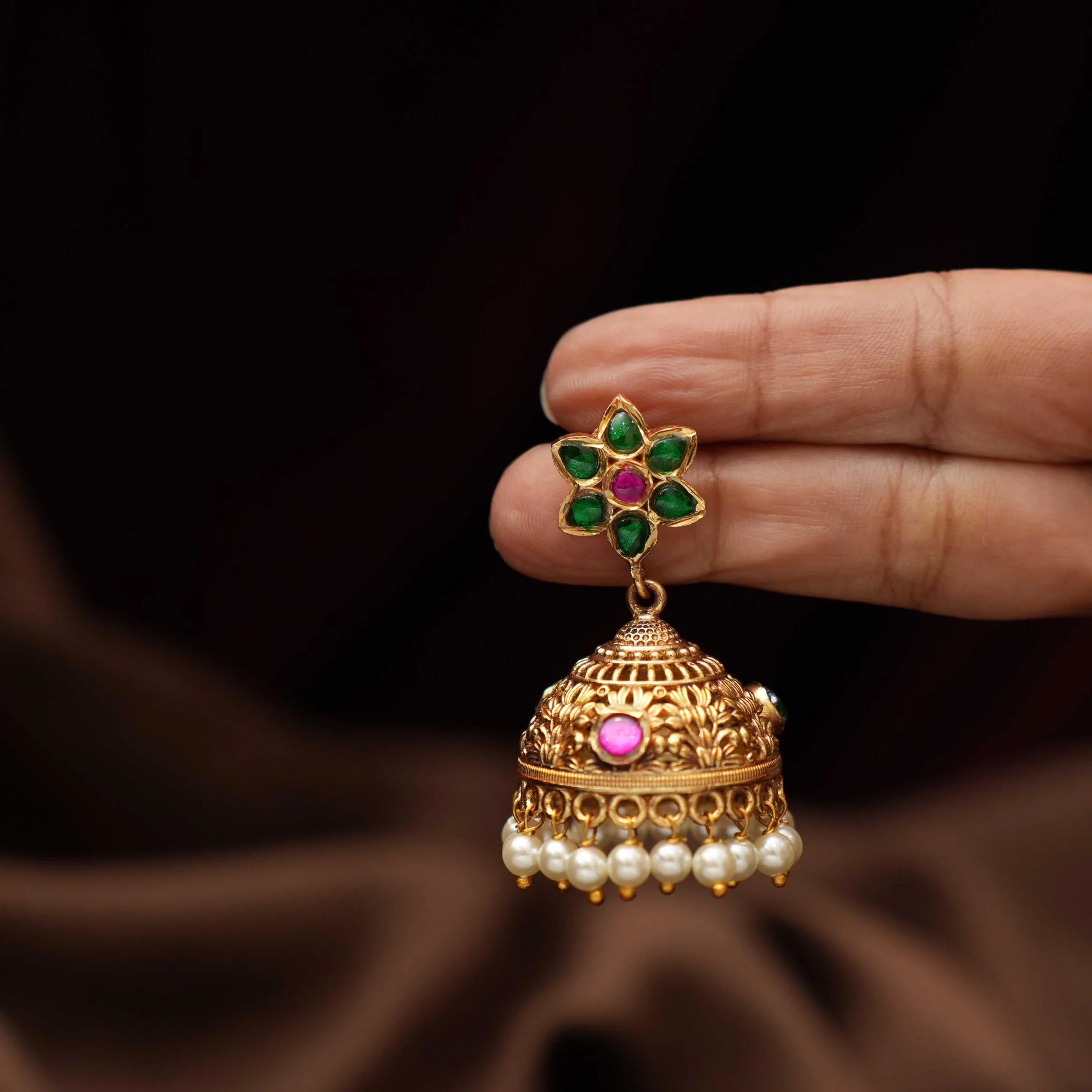 Reeyanshi Antique Jhumka Earrings - Green & Red