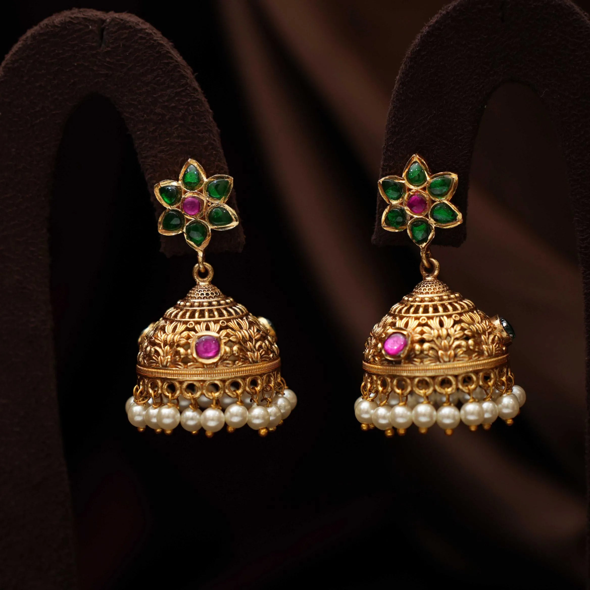 Reeyanshi Antique Jhumka Earrings - Green & Red