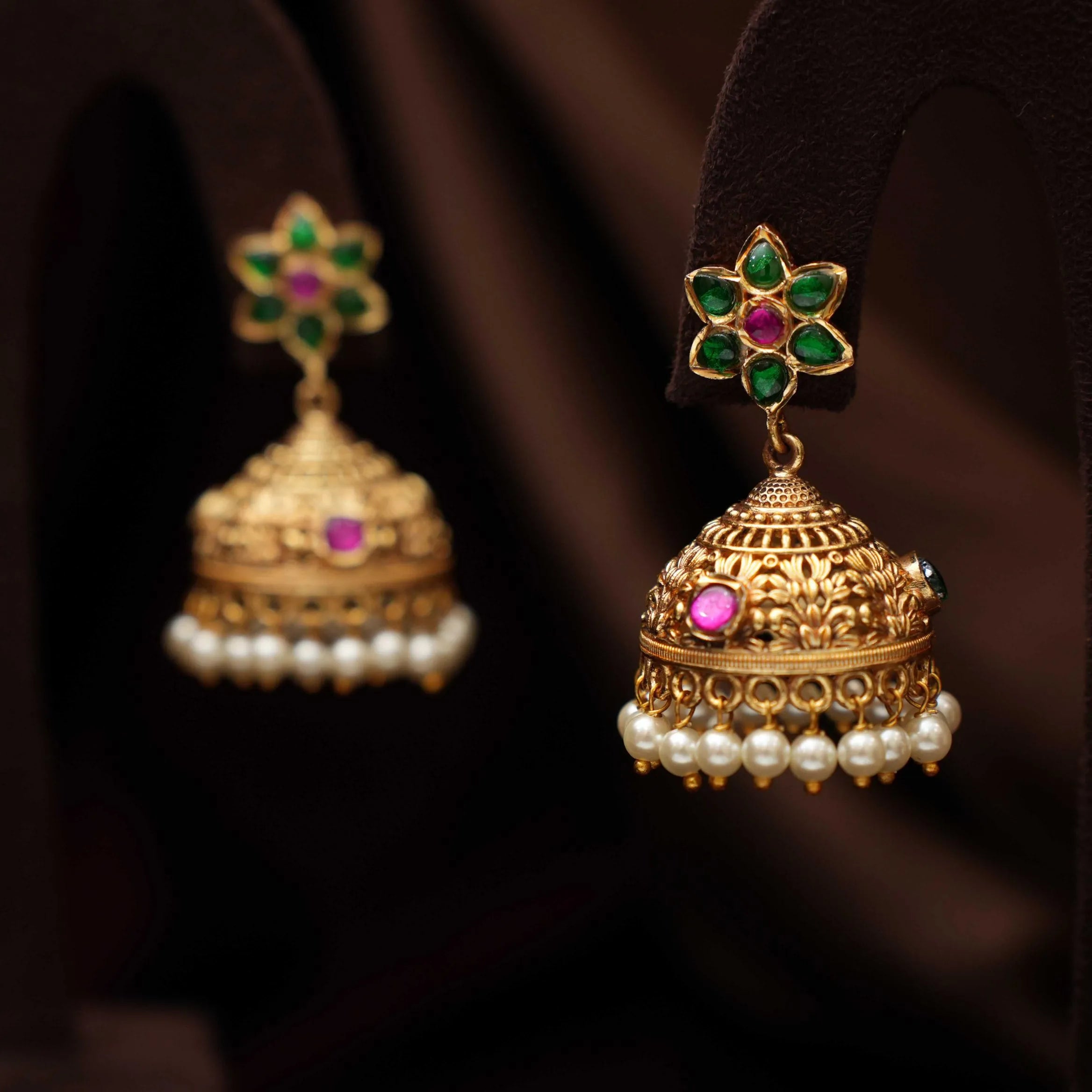 Reeyanshi Antique Jhumka Earrings - Green & Red