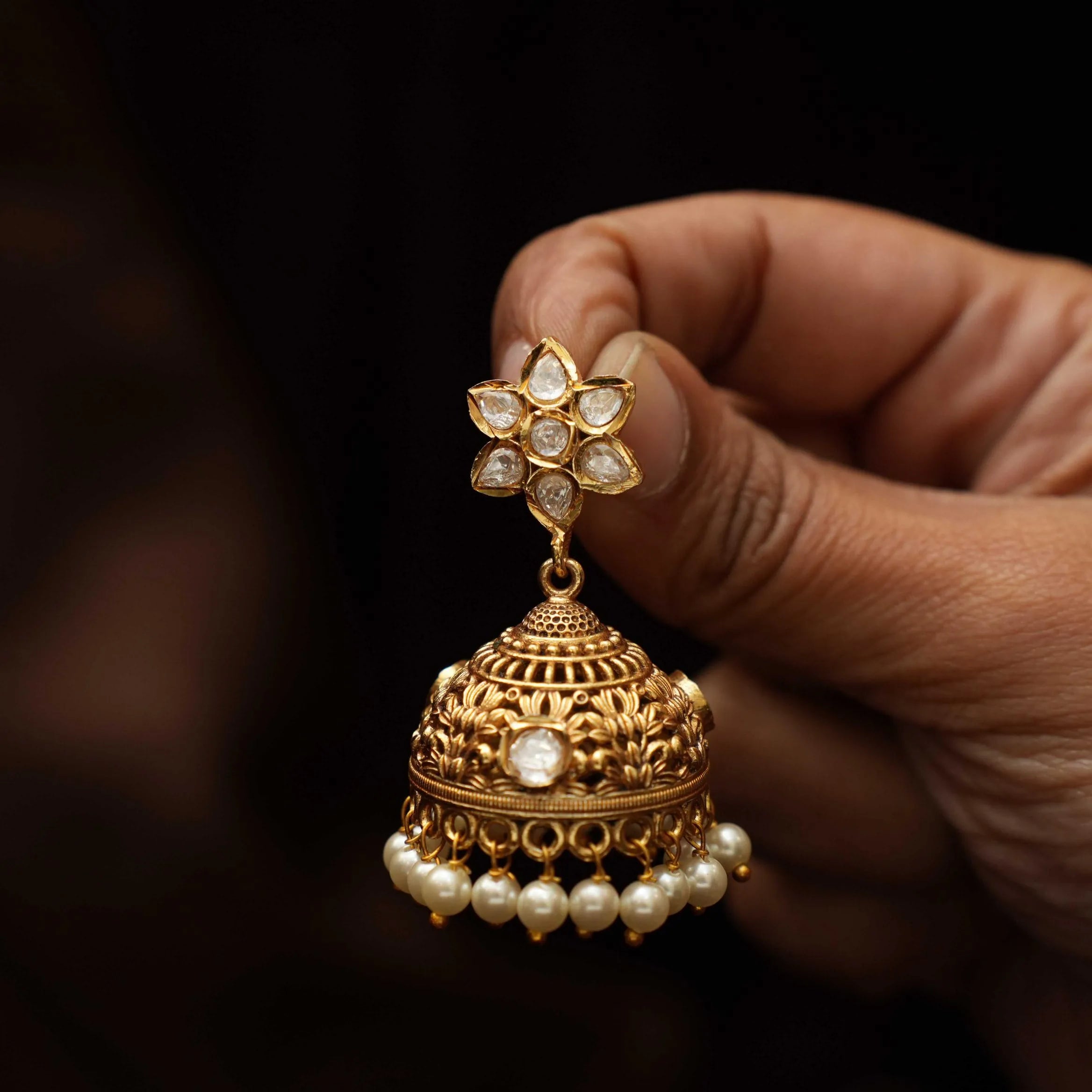 Reeyanshi Antique Jhumka Earrings - White