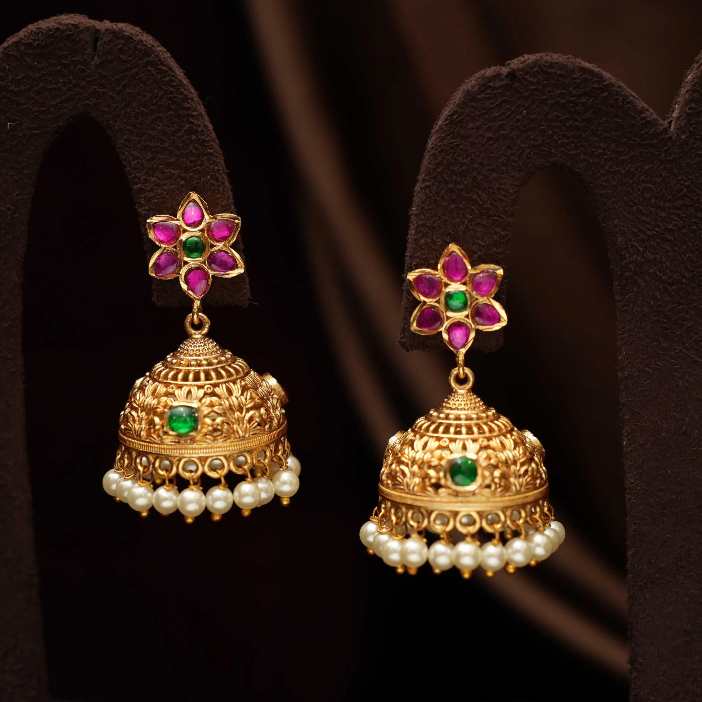 Reeyanshi Antique Jhumka Earrings - Red